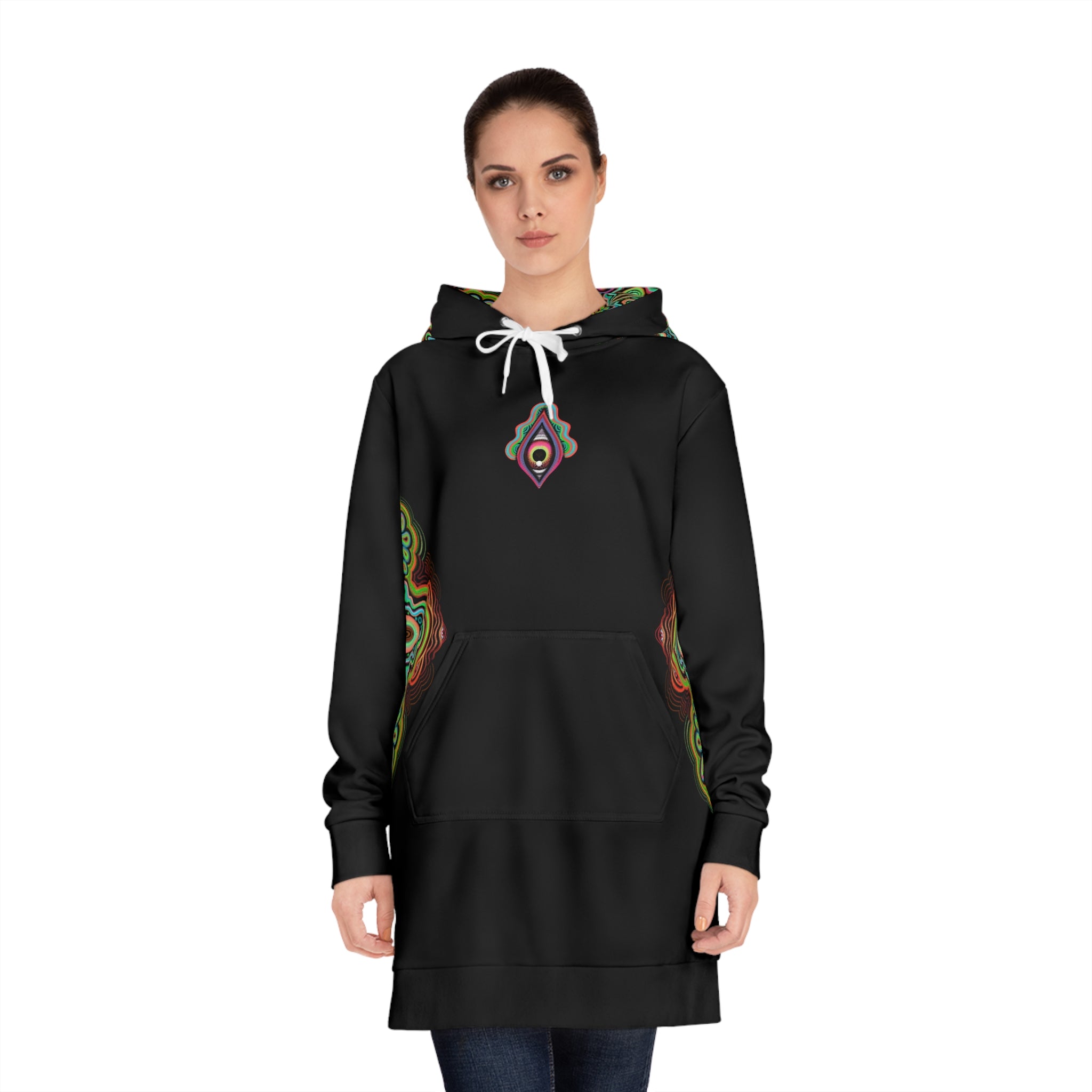 Mandala Glow Hoodie Dress - Women's Black AOP Pullover #hd4