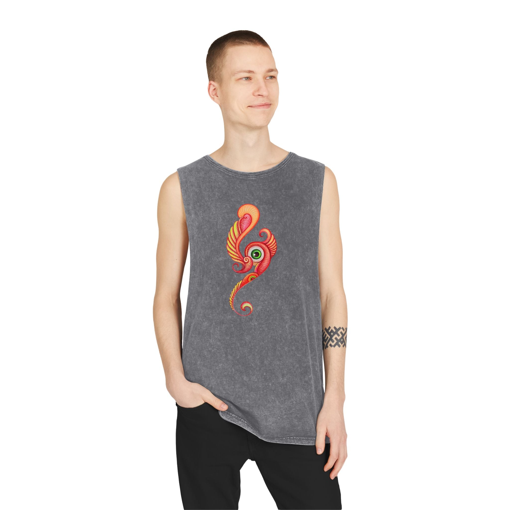 Stonewash Tank Top with Vibrant Abstract Feather Design #rgy3566