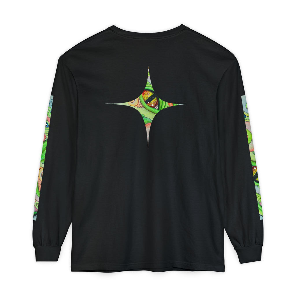 Psychedelic Green Triangle Long Sleeve Tee — Tribal Star Sleeve Artwork #gf086357