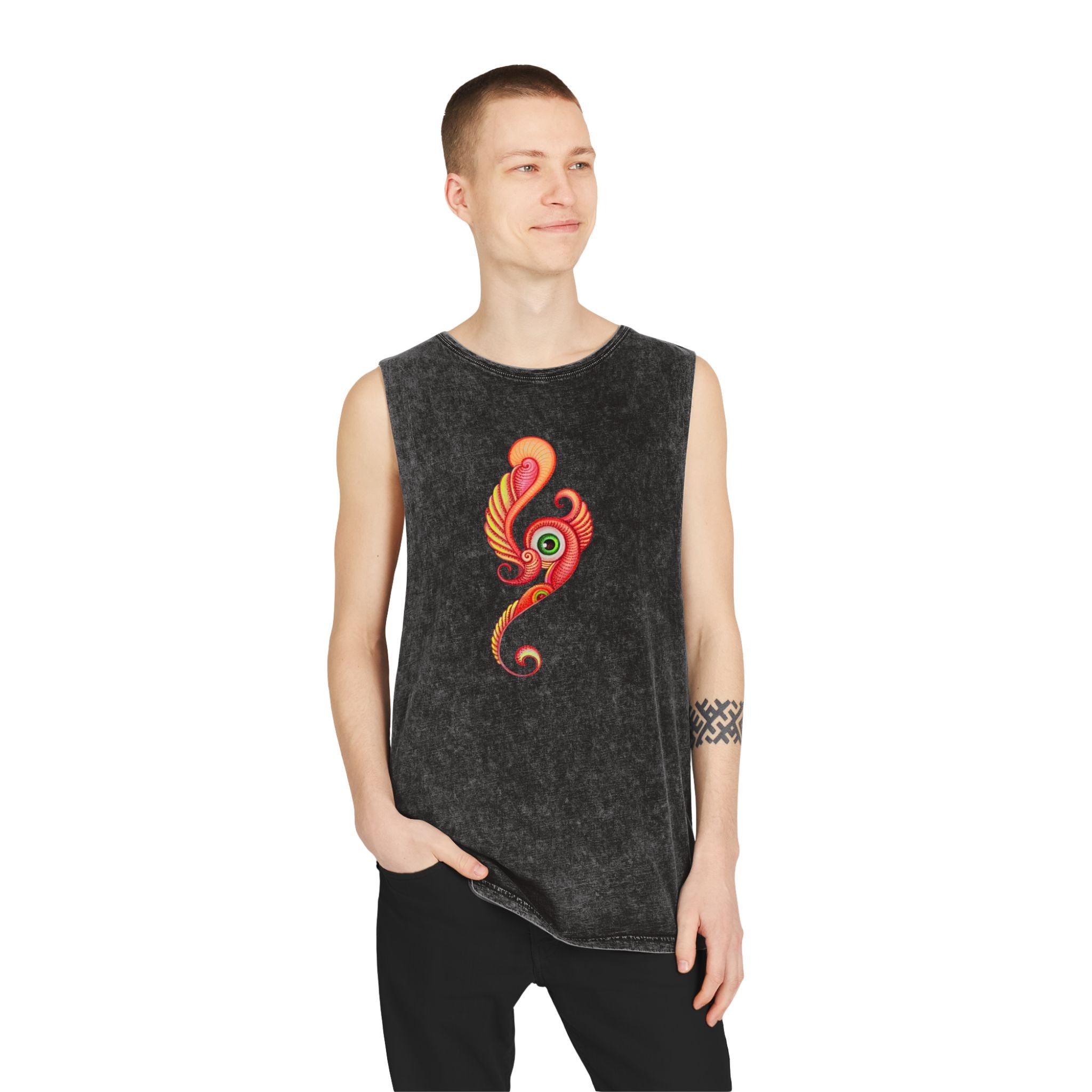 Stonewash Tank Top with Vibrant Abstract Feather Design #rgy3566