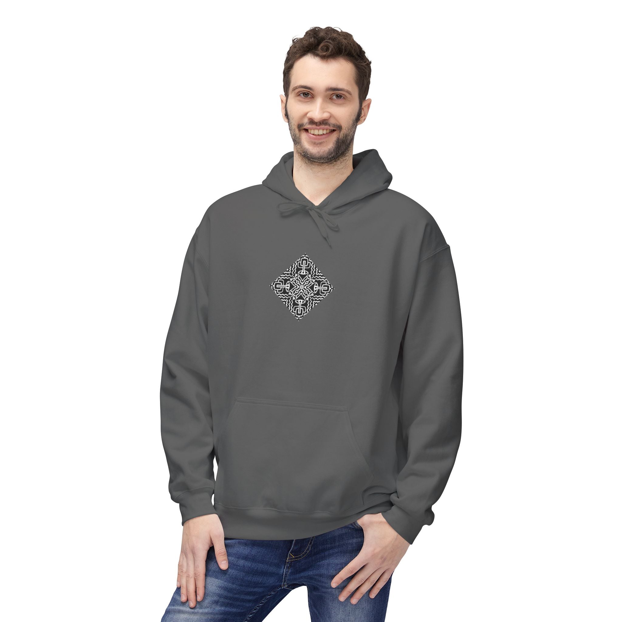Geometric Mandala Hoodie — Monochrome Diamond Line Art Chest & Back Print #k0873568