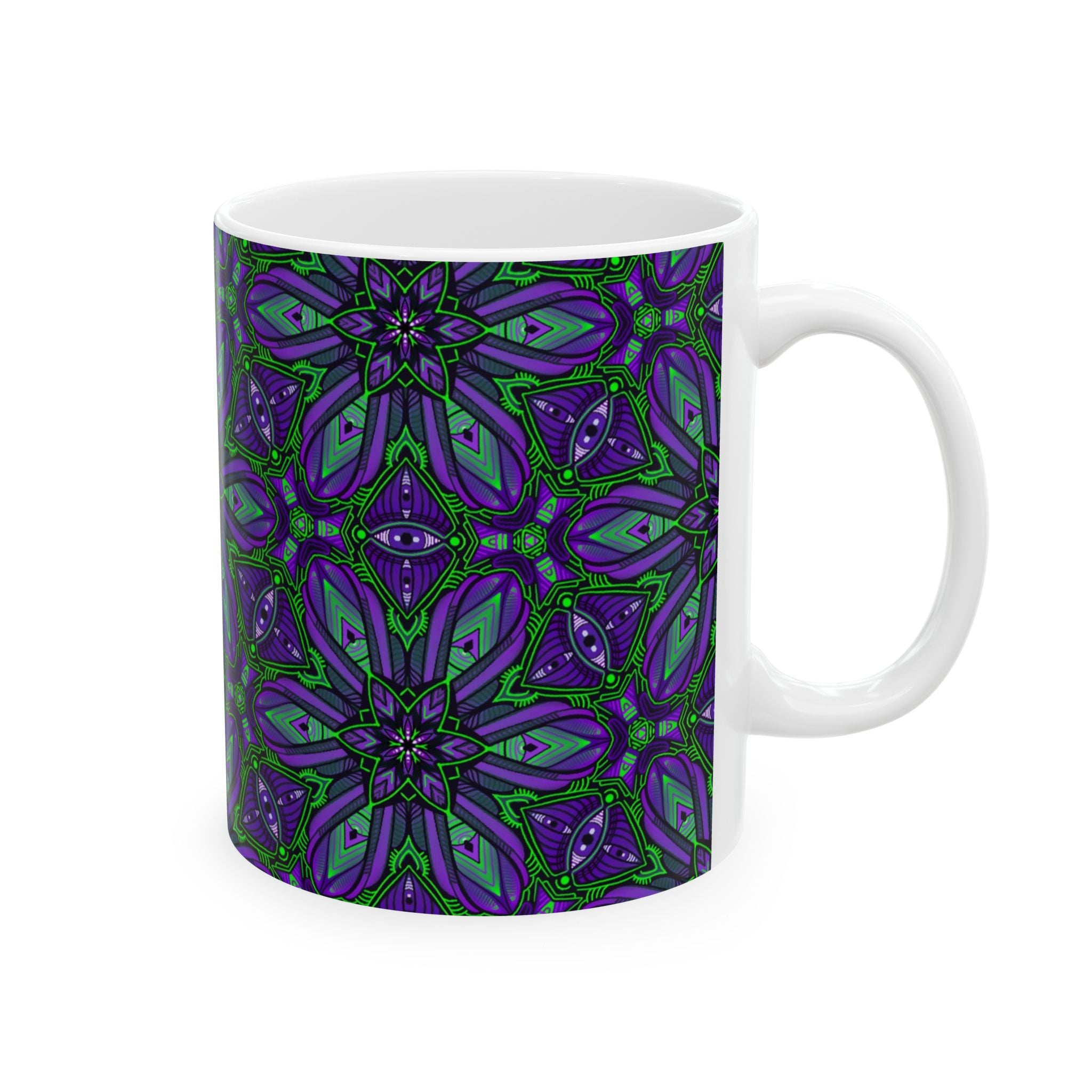 Kaleidoscope Floral Pattern Mug | Purple Green Geometric Ceramic Mug