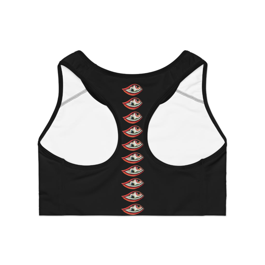 Eye Stack Sports Bra — Black Graphic Racerback Activewear #775368
