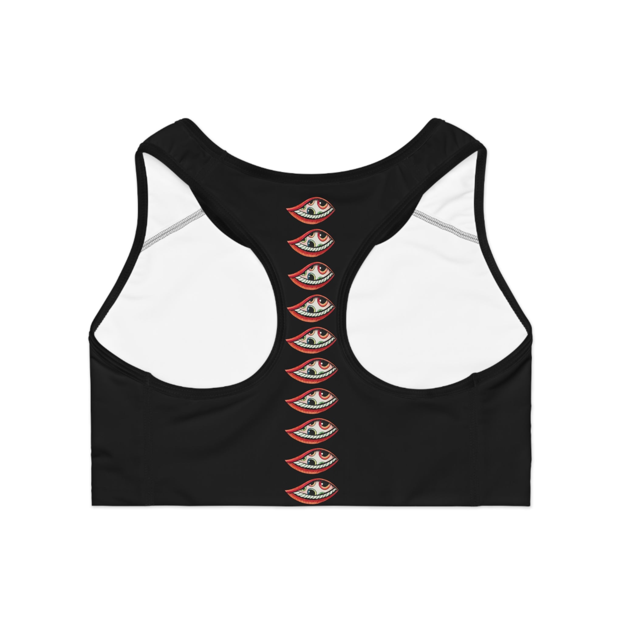Eye Stack Sports Bra — Black Graphic Racerback Activewear #775368