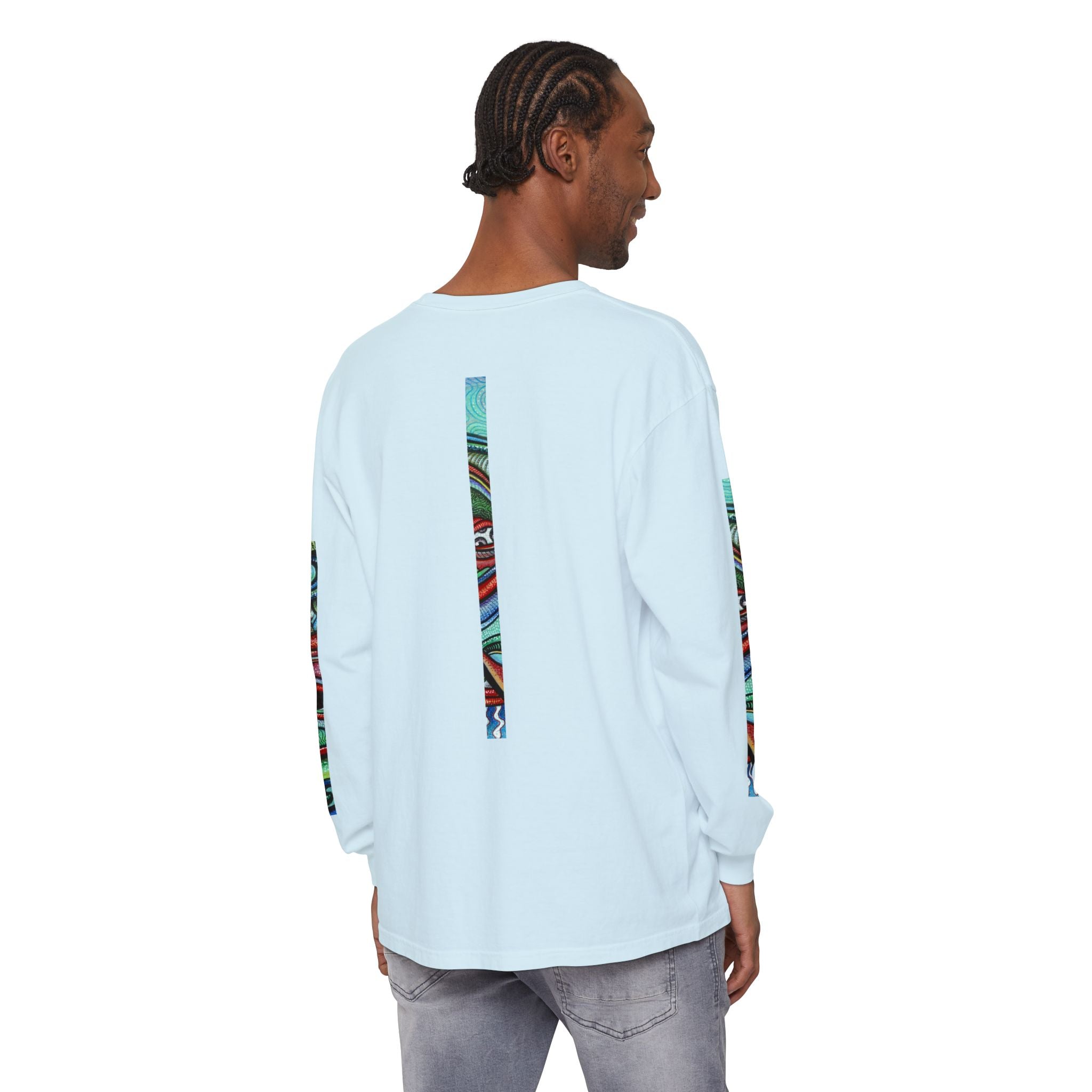 Psychedelic Starburst Long Sleeve Tee — Colorful Eye & Sleeve Stripe Design #k976344