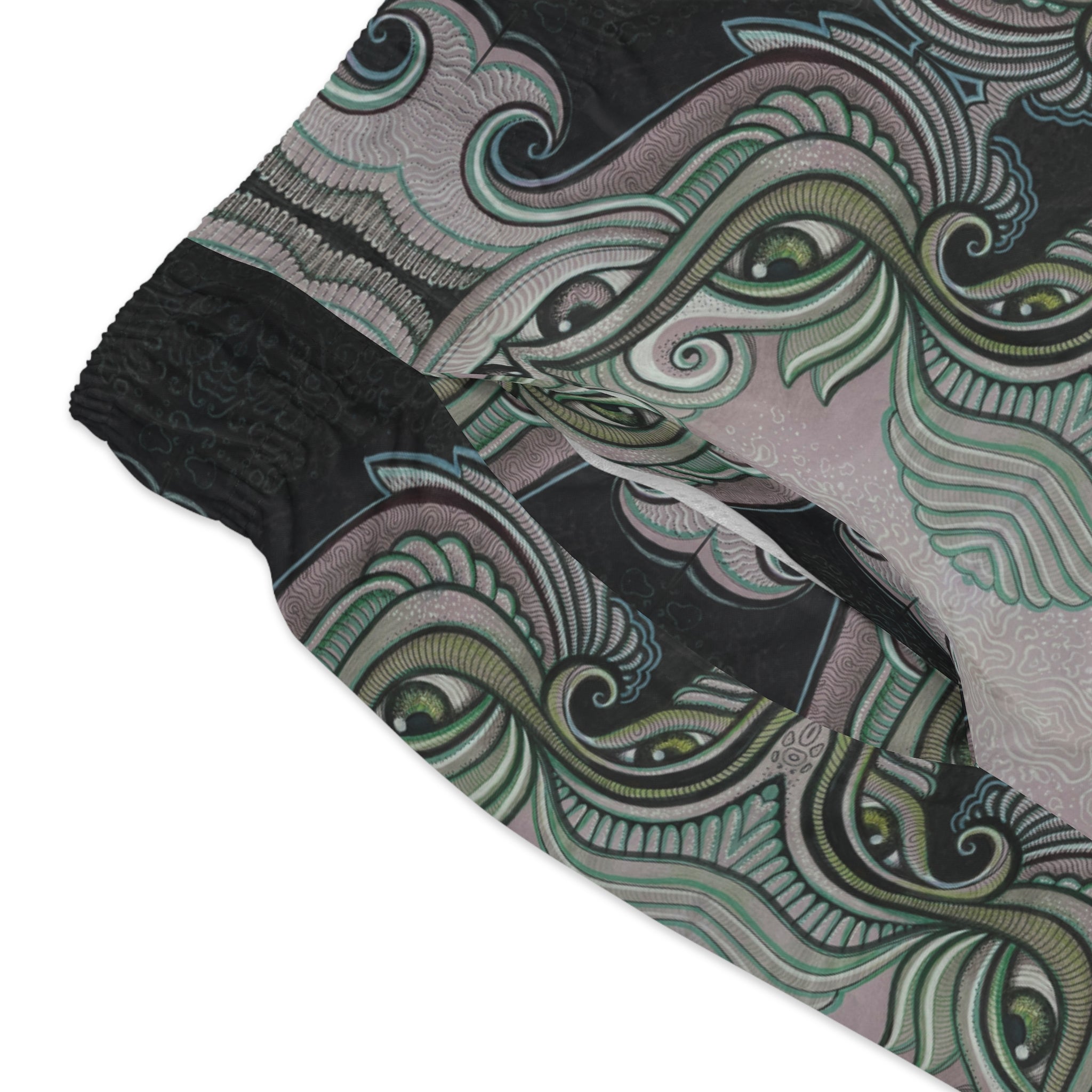 Retro Ornate Pattern Swim Trunks — Vintage Green & Pink All-Over Print #hd097532