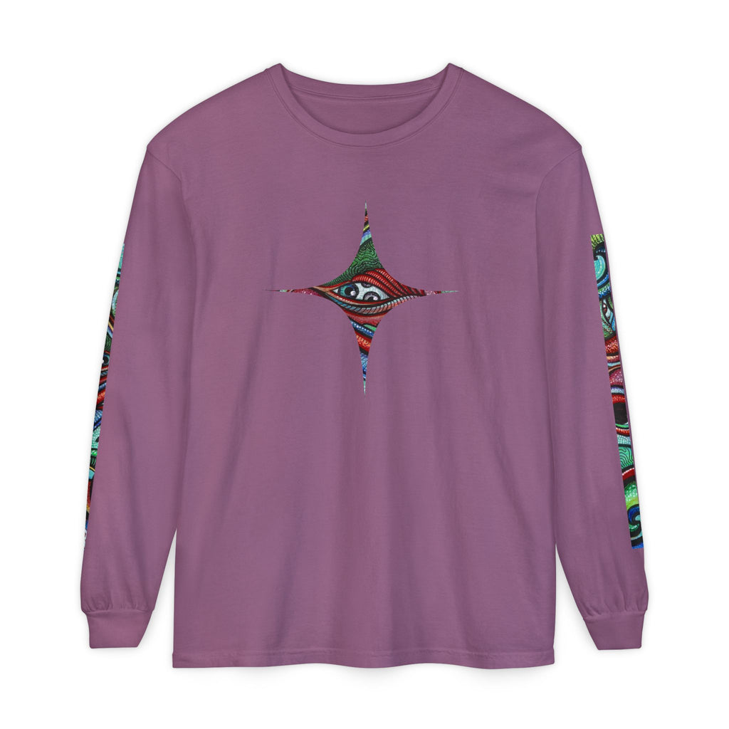 Psychedelic Starburst Long Sleeve Tee — Colorful Eye & Sleeve Stripe Design #k976344