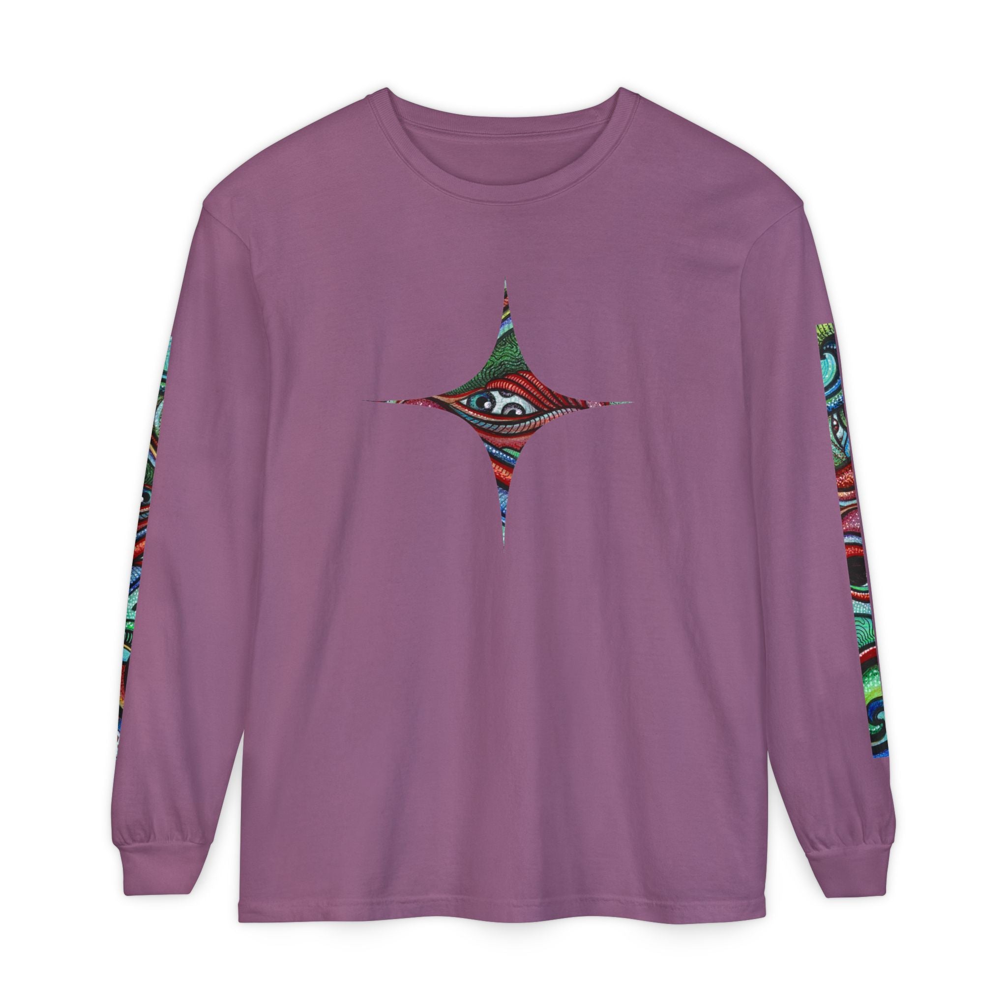 Psychedelic Starburst Long Sleeve Tee — Colorful Eye & Sleeve Stripe Design #k976344