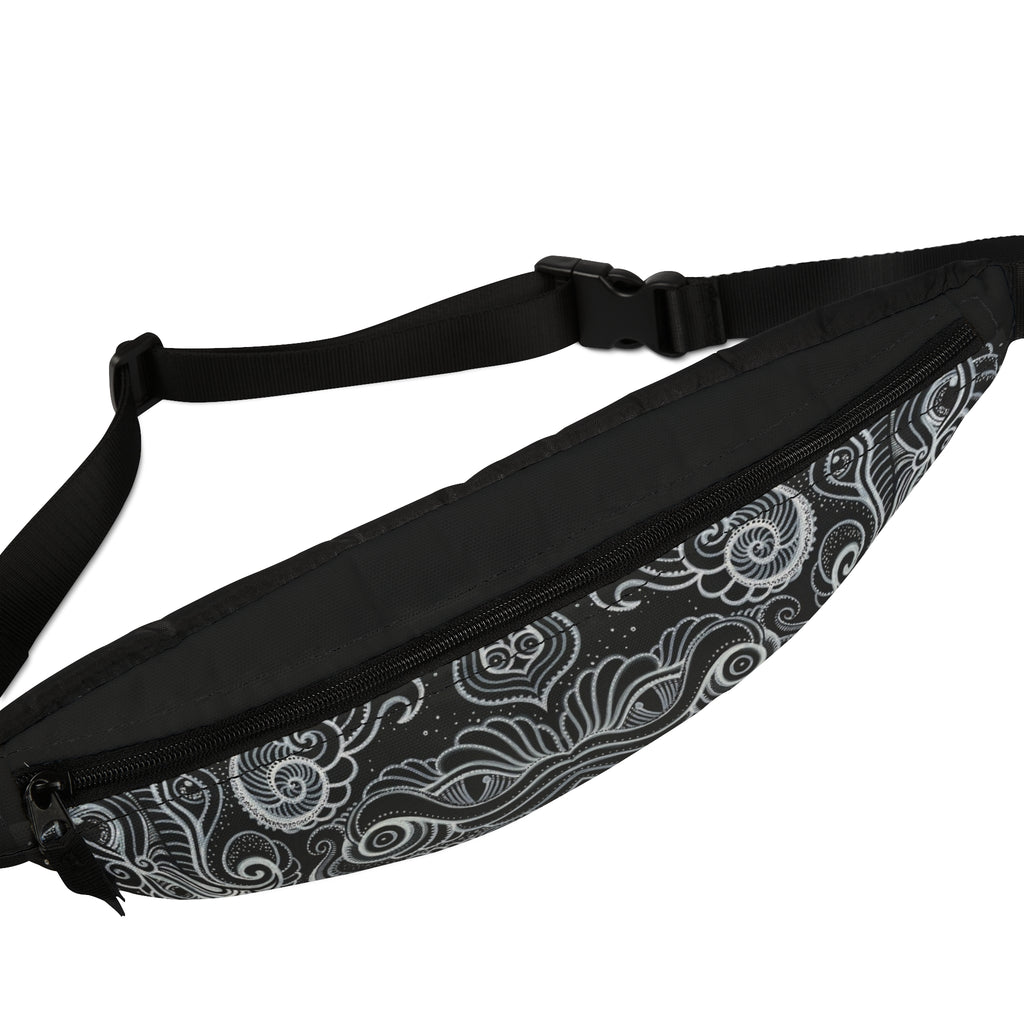 Paisley Swirl Fanny Pack — Black & Grey Boho Waist Bag #fpg345