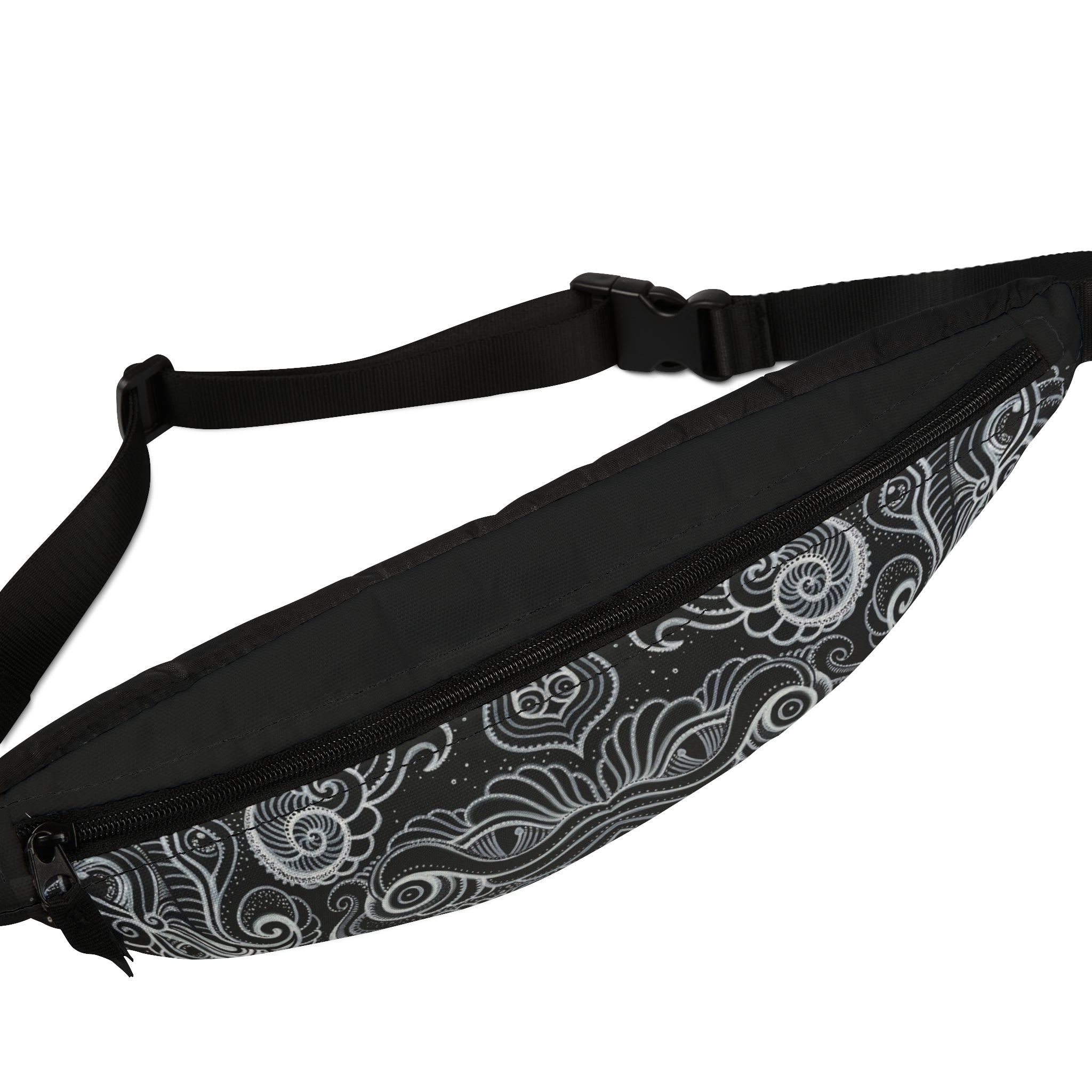 Paisley Swirl Fanny Pack — Black & Grey Boho Waist Bag #fpg345