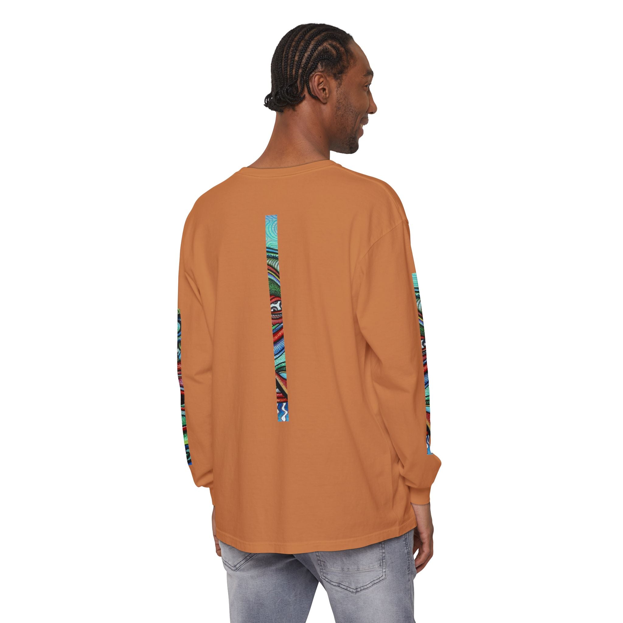 Psychedelic Starburst Long Sleeve Tee — Colorful Eye & Sleeve Stripe Design #k976344