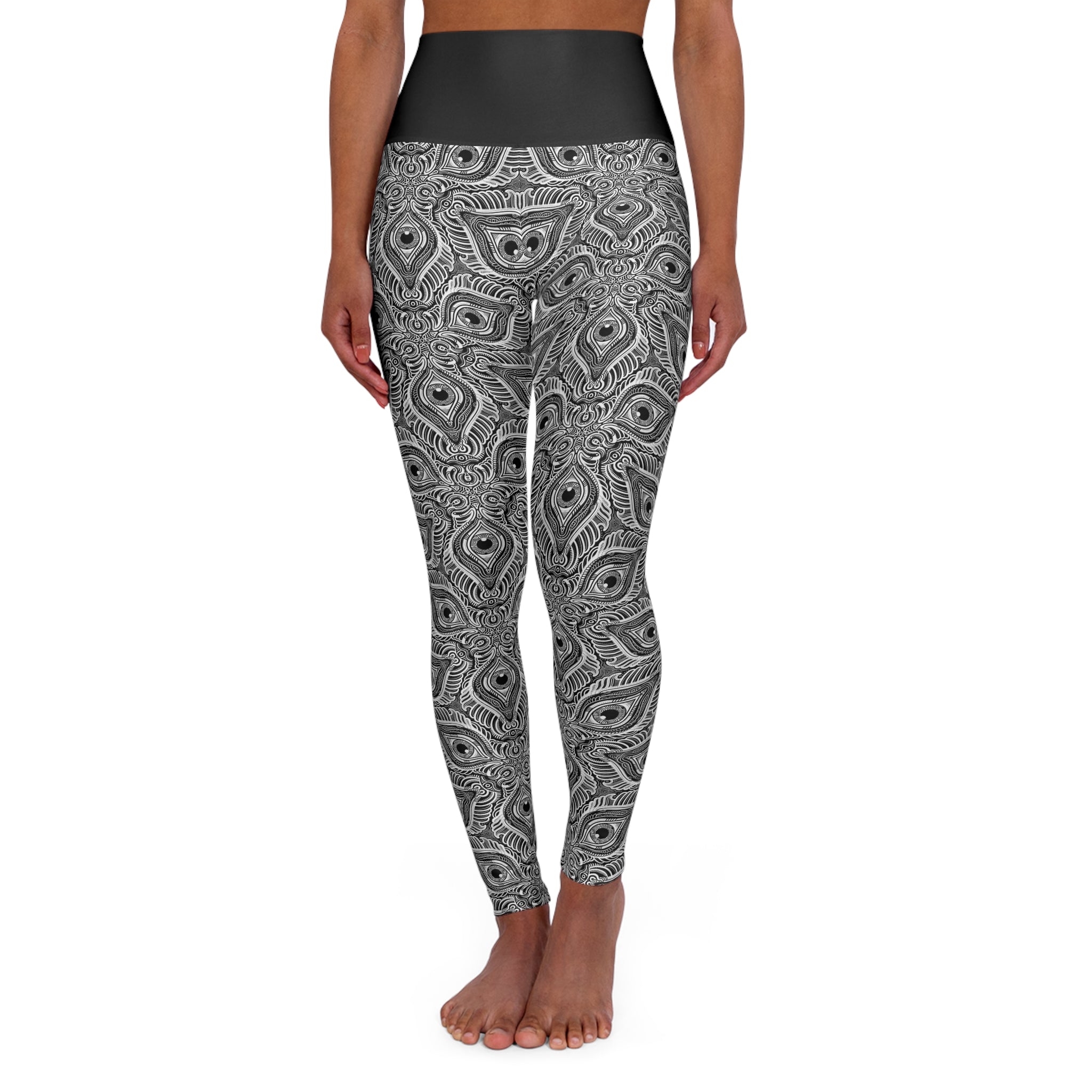 High-Waist Yoga Leggings — Monochrome Geometric Mandala Print #ml32