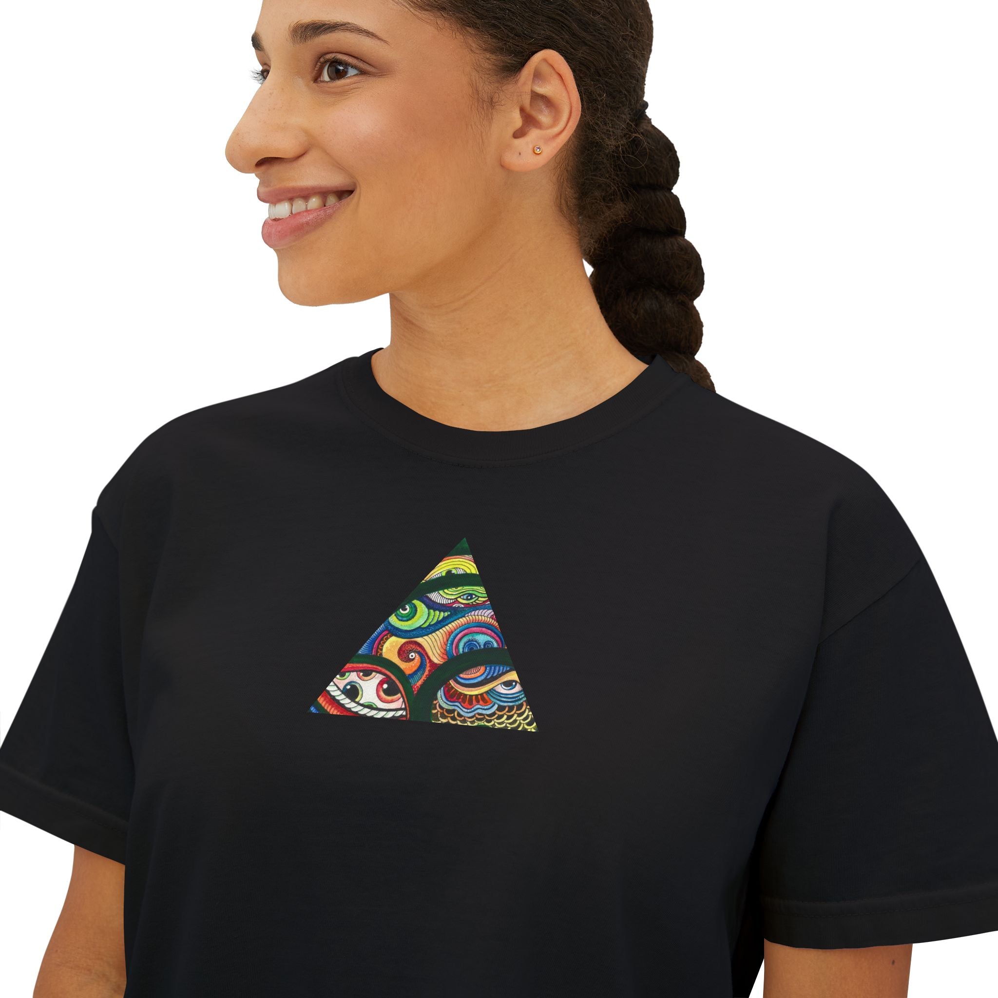 Women's Boxy Tee with Abstract Colorful Triangle (Front) & Heart (Back) Art — Casual Graphic Crop Top #hd9859