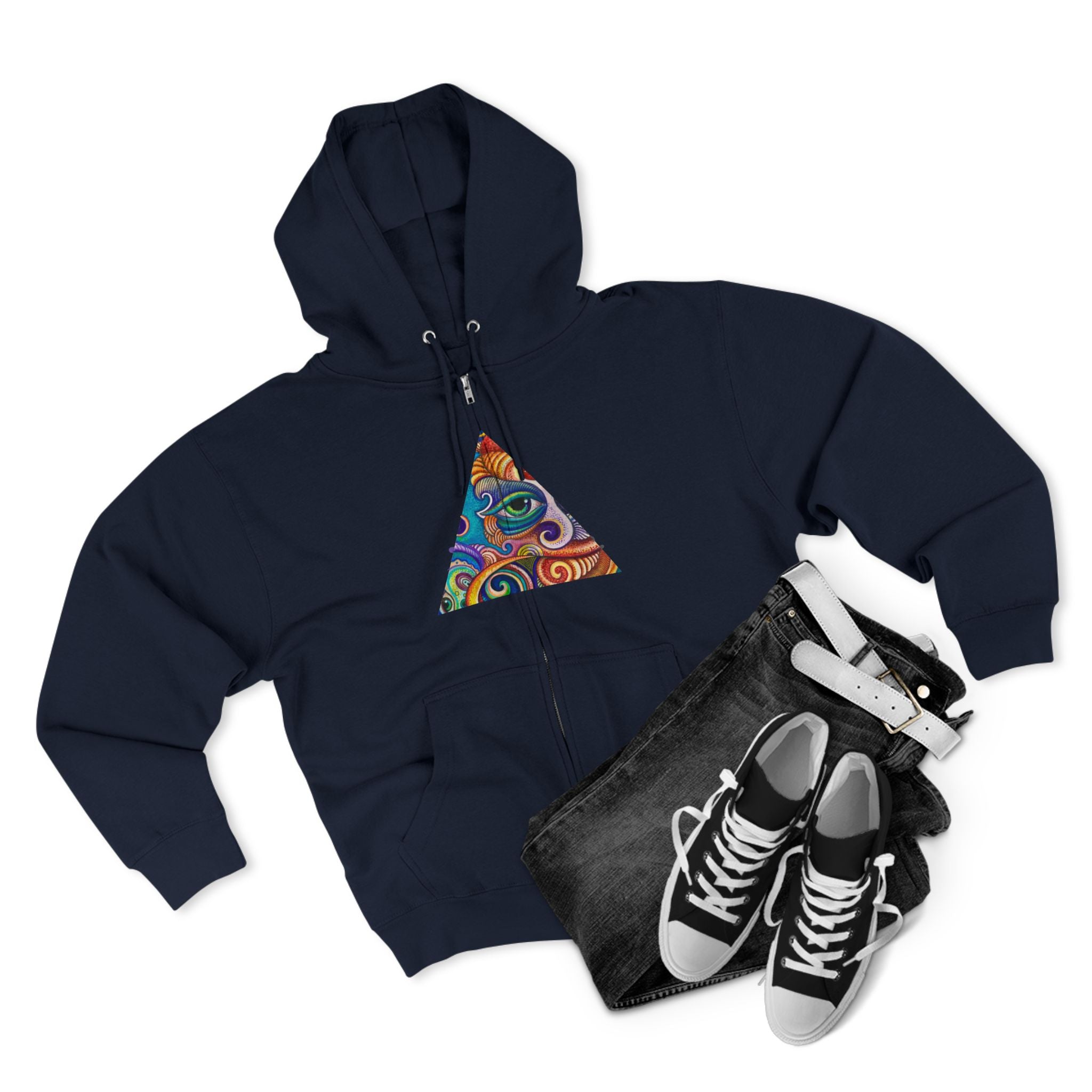 Zip Hoodie with Colorful Psychedelic Triangle & Mandala Back — Vibrant Abstract Art Zip-Up  #cp2680