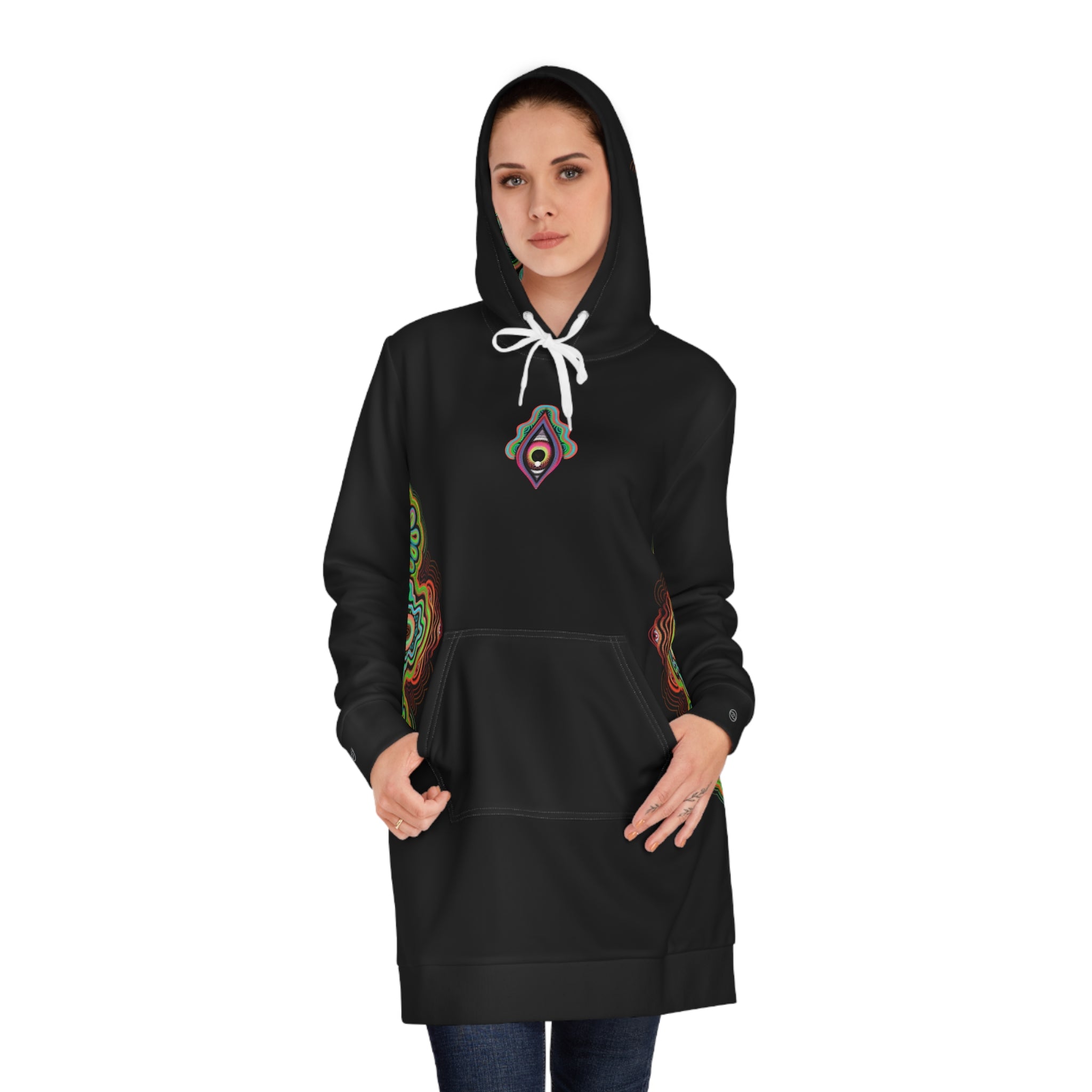 Mandala Glow Hoodie Dress - Women's Black AOP Pullover #hd4