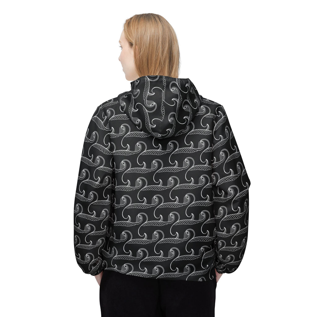 Wave Pattern Windbreaker Jacket — Monochrome Swirl All-Over Print #x7539