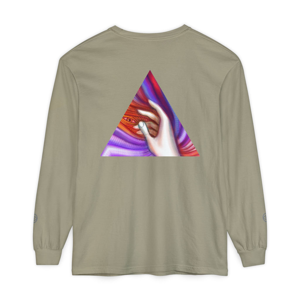 Long Sleeve T-Shirt — Triangular Hand Art Graphic (White) #sh26774