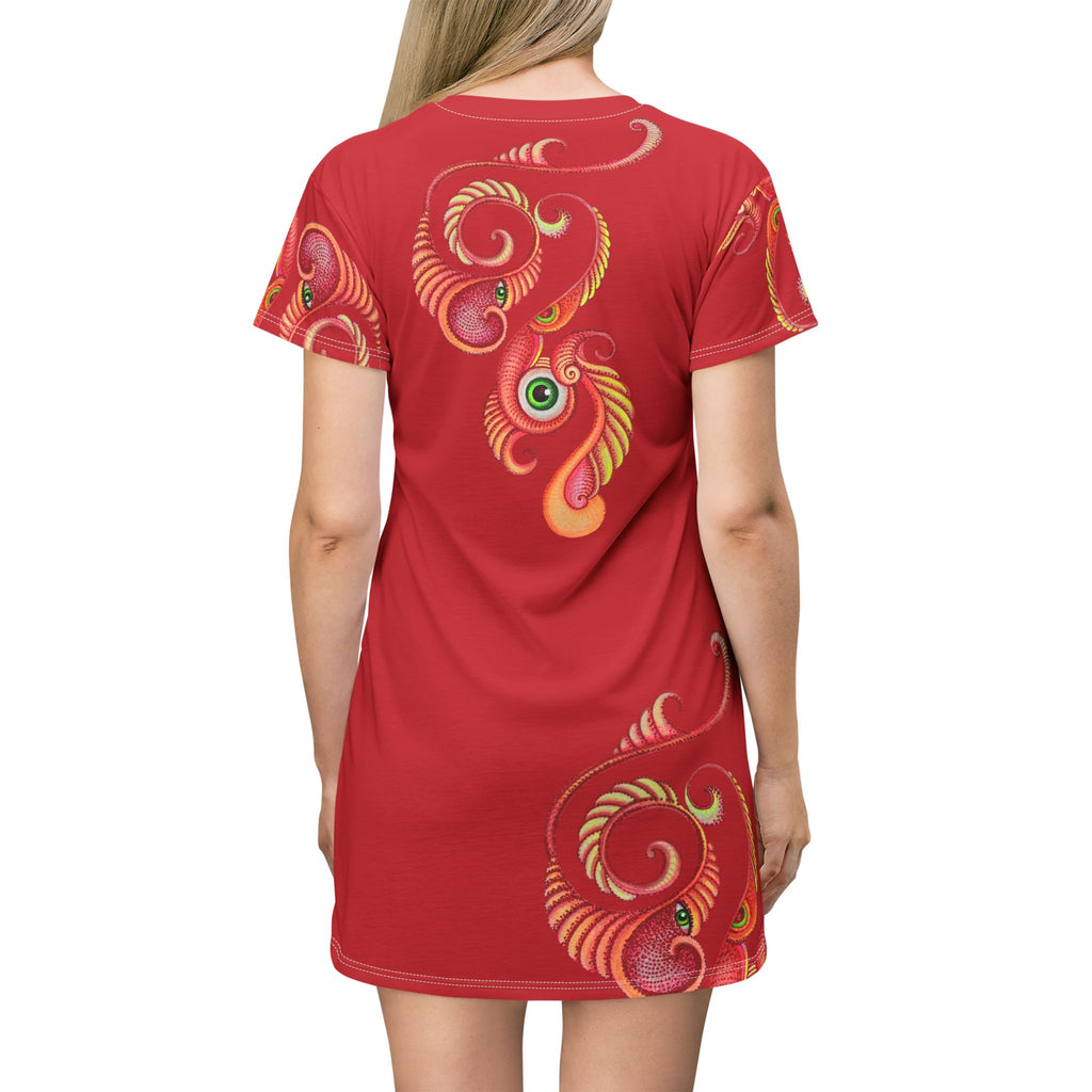 Red Swirl Floral T‑Shirt Dress — Vibrant Abstract Paisley Pattern #vap764