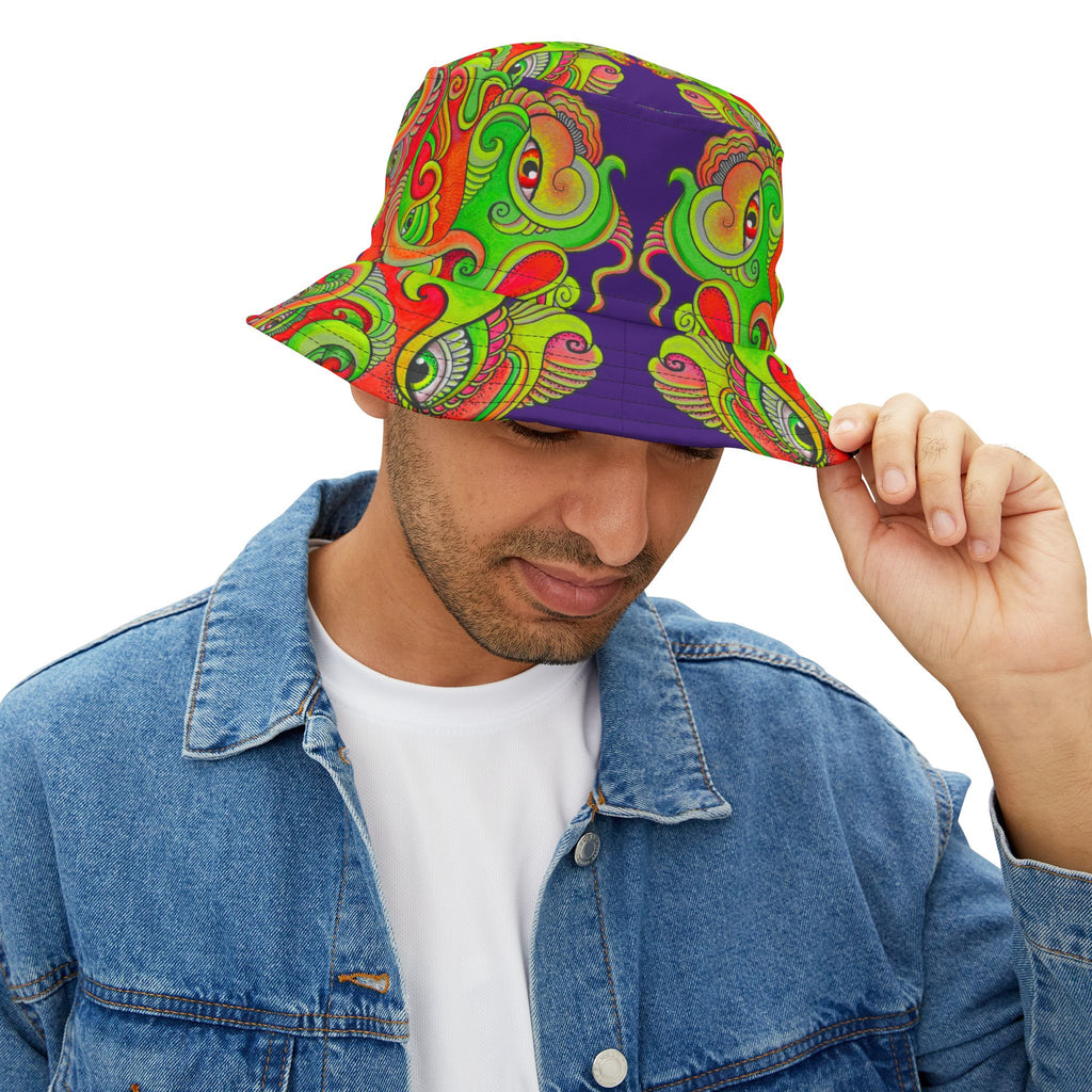 Psychedelic Paisley Bucket Hat — Vibrant Neon Swirl Festival Hat #h08754