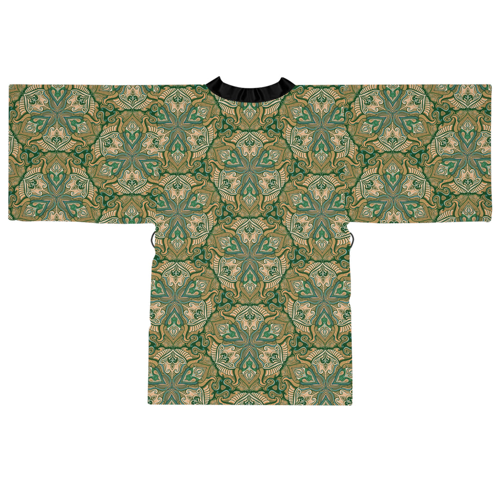 Green Floral Mandala Pattern Kimono Robe | Long Sleeve # kfm1