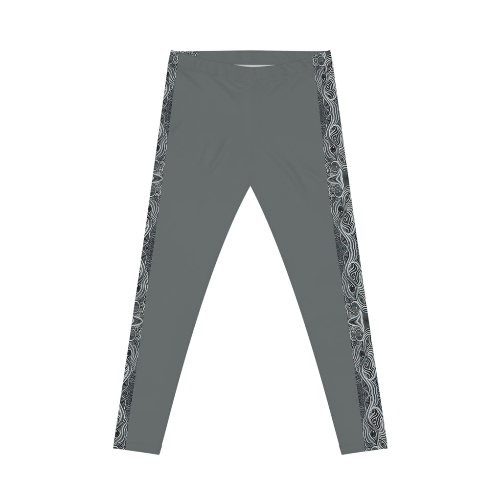 Grey Leggings with Ornate Side Panel — Women's Casual AOP Leggings