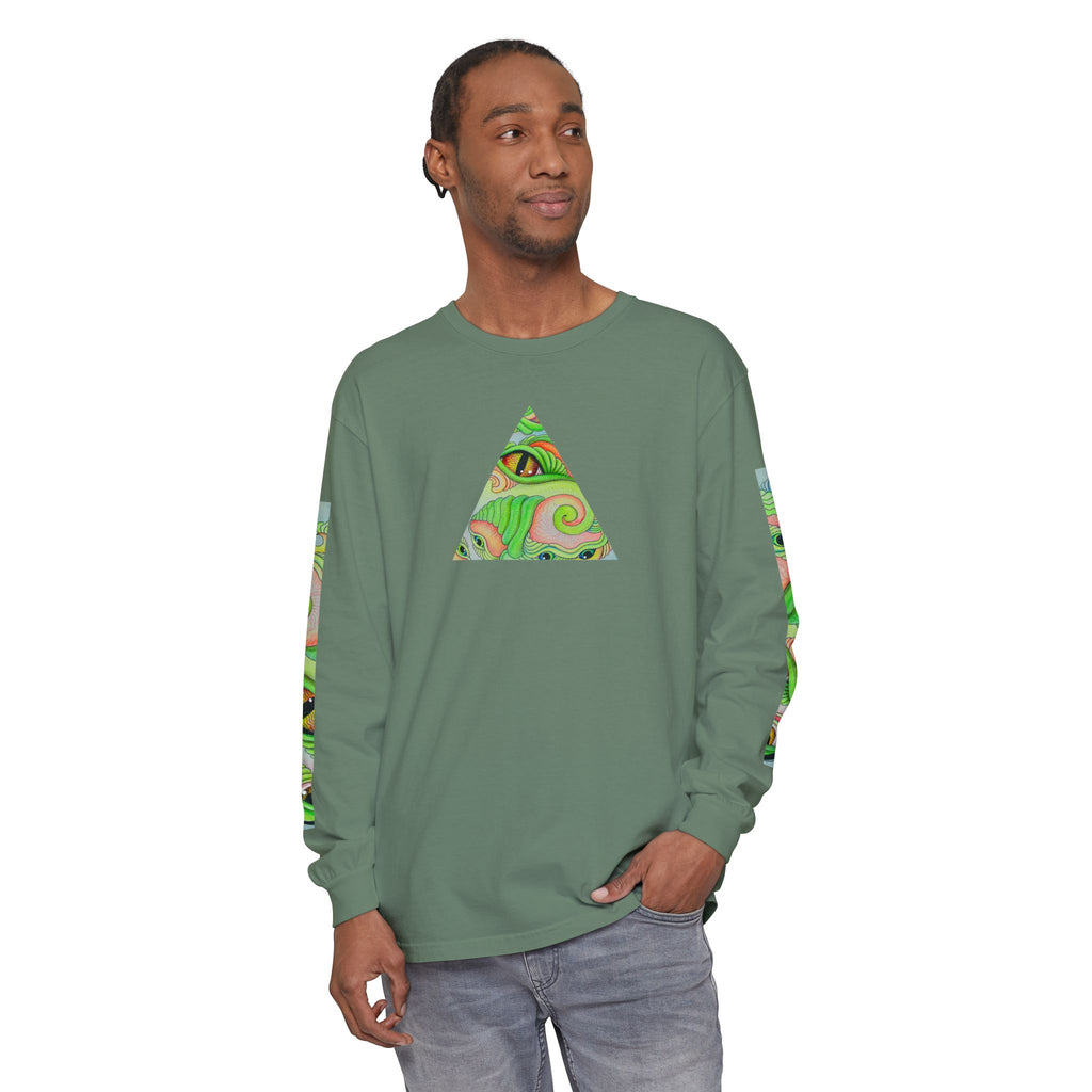 Psychedelic Green Triangle Long Sleeve Tee — Tribal Star Sleeve Artwork #gf086357
