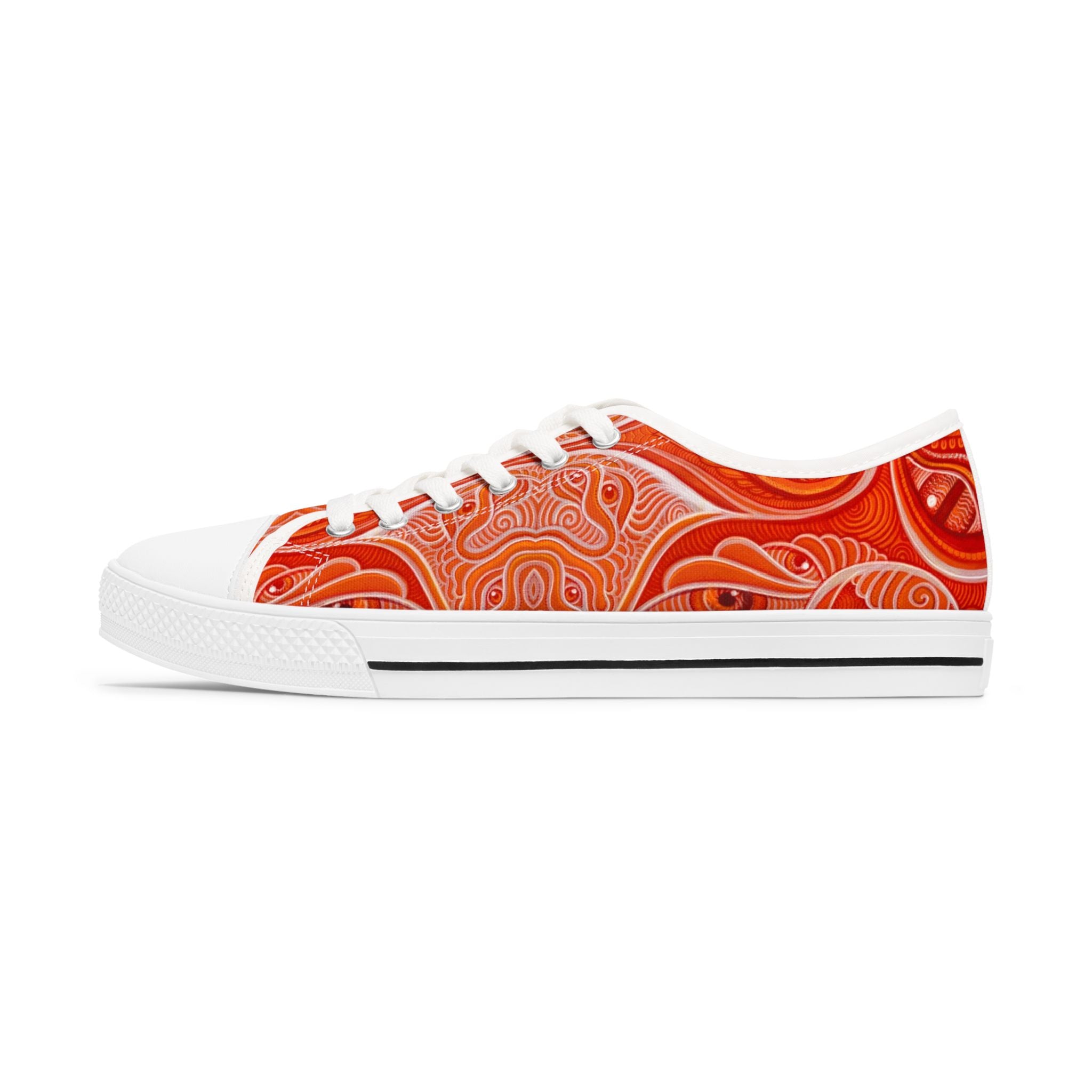 Women's Low Top Sneakers — Red Abstract Swirl Canvas Shoes, Artistic Casual Lace-Up Trainers #d00422