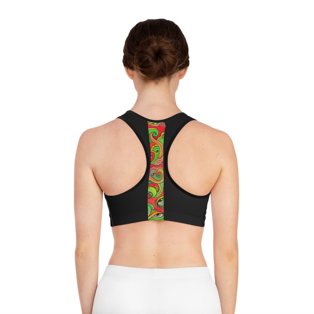 Black Sports Bra with Colorful Psychedelic Vertical Stripe — Vibrant Abstract Eye Design #f234488