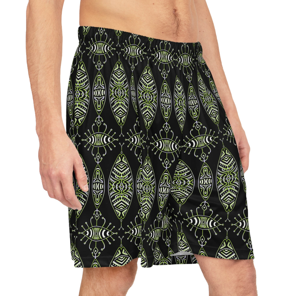 Tribal Green Pattern Basketball Shorts #u98647
