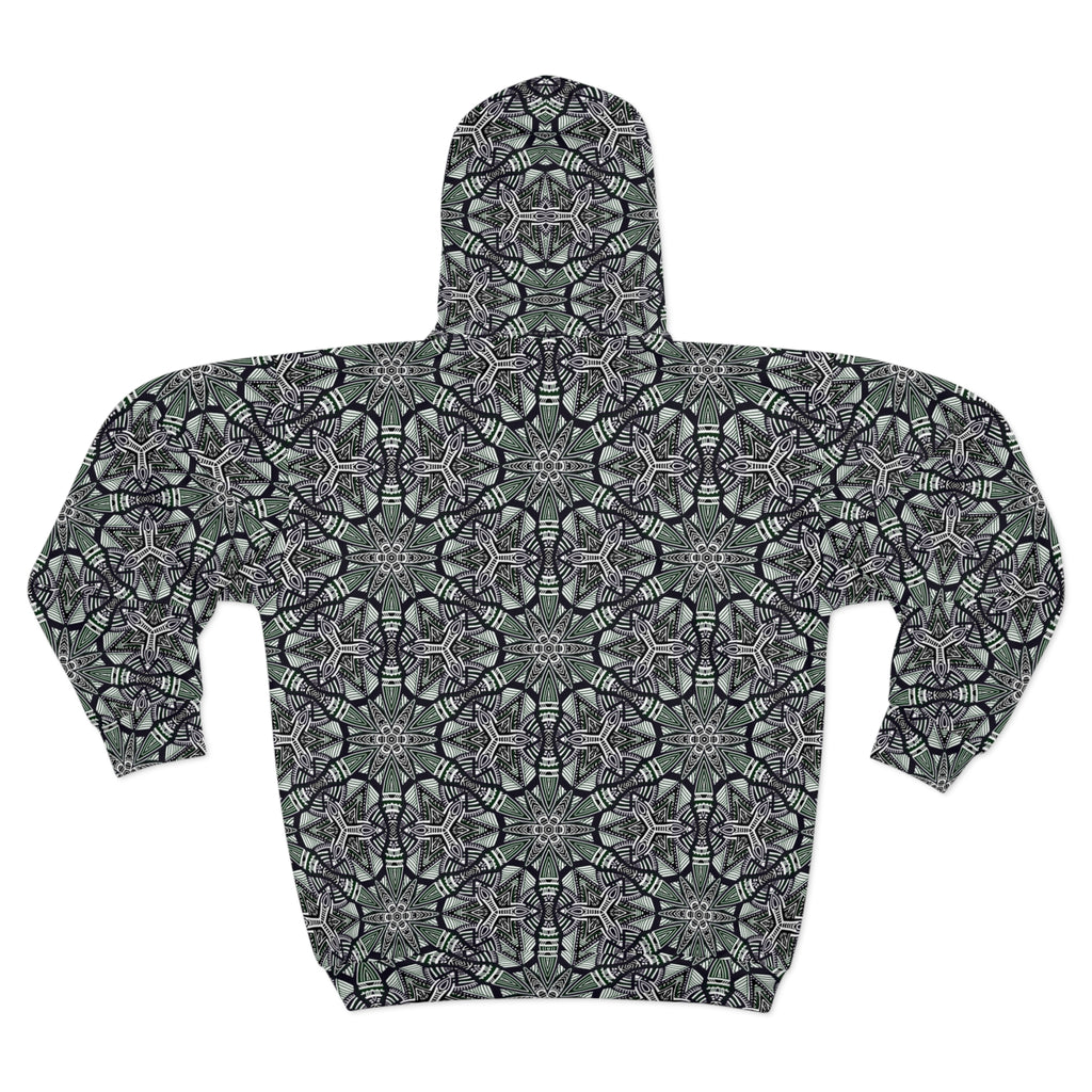 Kaleidoscope Geo Zip Hoodie — Green Black All-Over Print #f087497