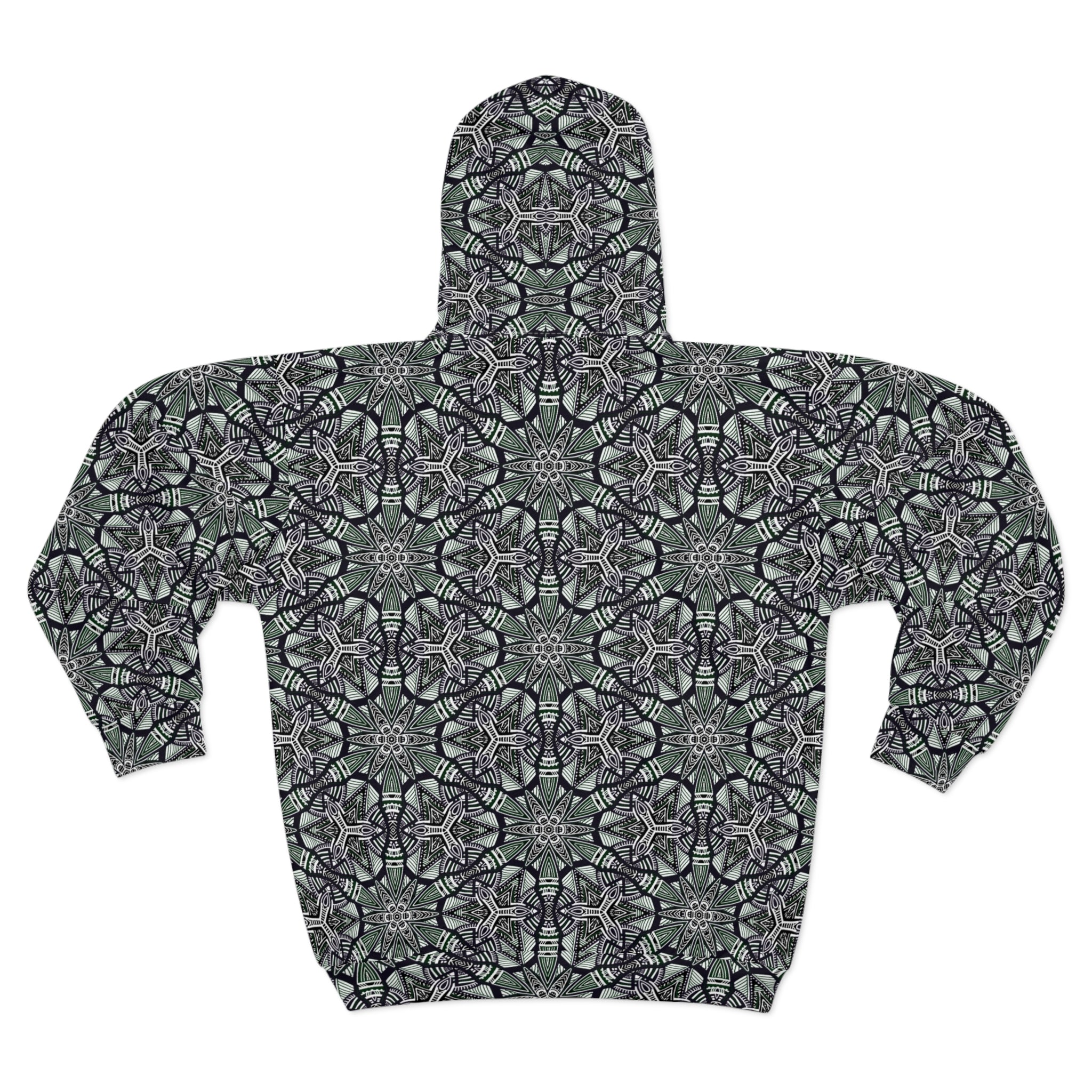 Kaleidoscope Geo Zip Hoodie — Green Black All-Over Print #f087497