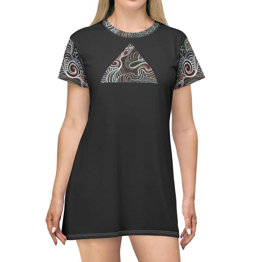 Bohemian Triangle T-Shirt Dress — Black Geometric AOP Pattern #bg5429