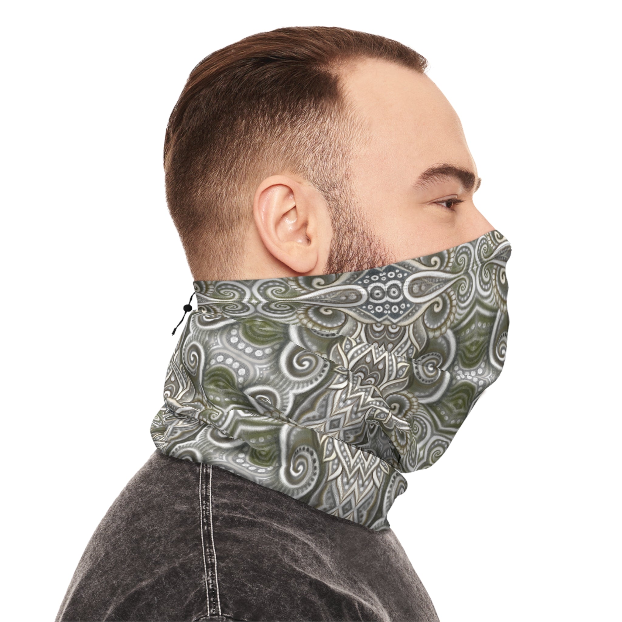 Winter Neck Gaiter — Olive Paisley Drawstring Face Mask & Scarf #s46742