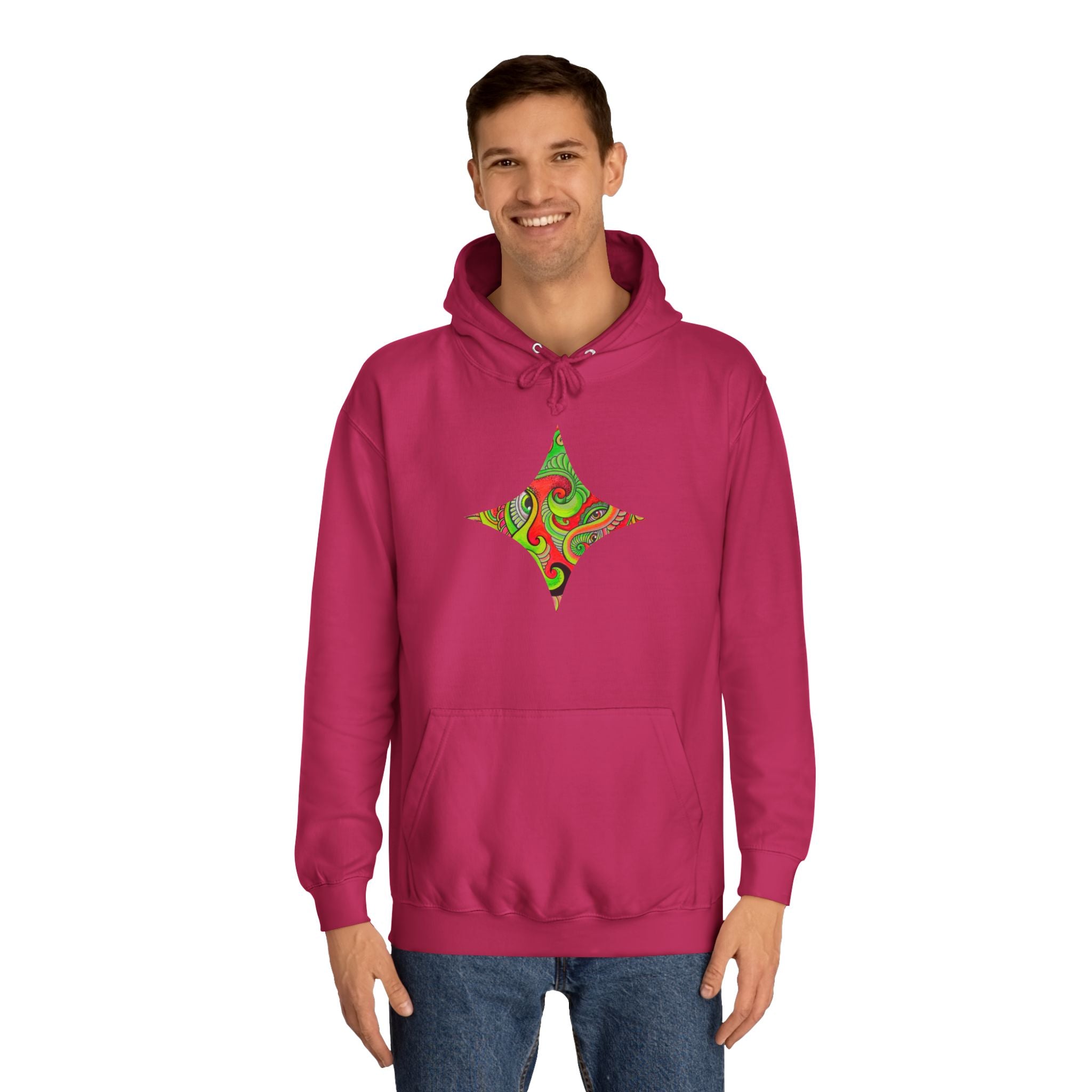 Psychedelic Swirl Hoodie — Retro Green & Red Abstract Graphic #f987456