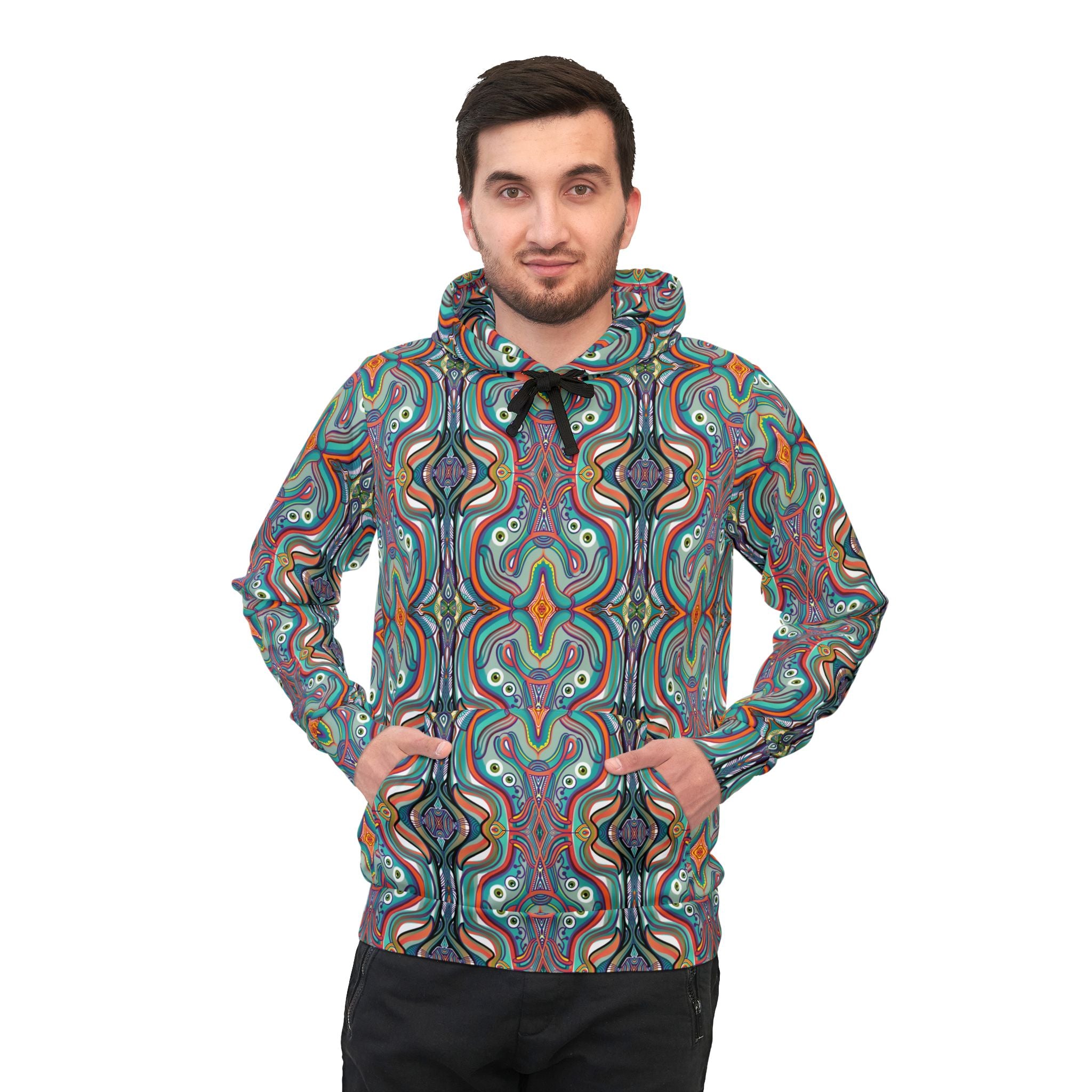 Psychedelic Pattern Athletic Hoodie — Colorful Symmetrical AOP Design #gf87654