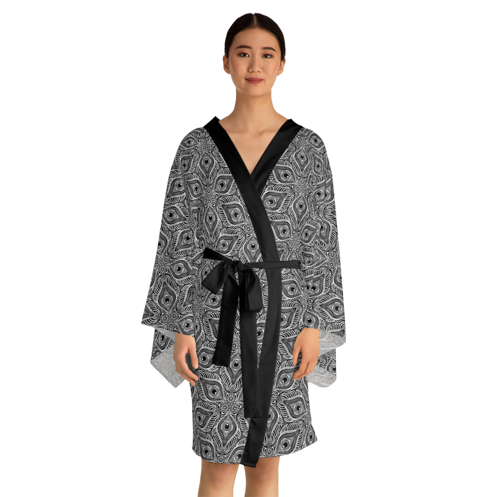 Geometric Black & White All-Over Print Kimono Robe #ki3