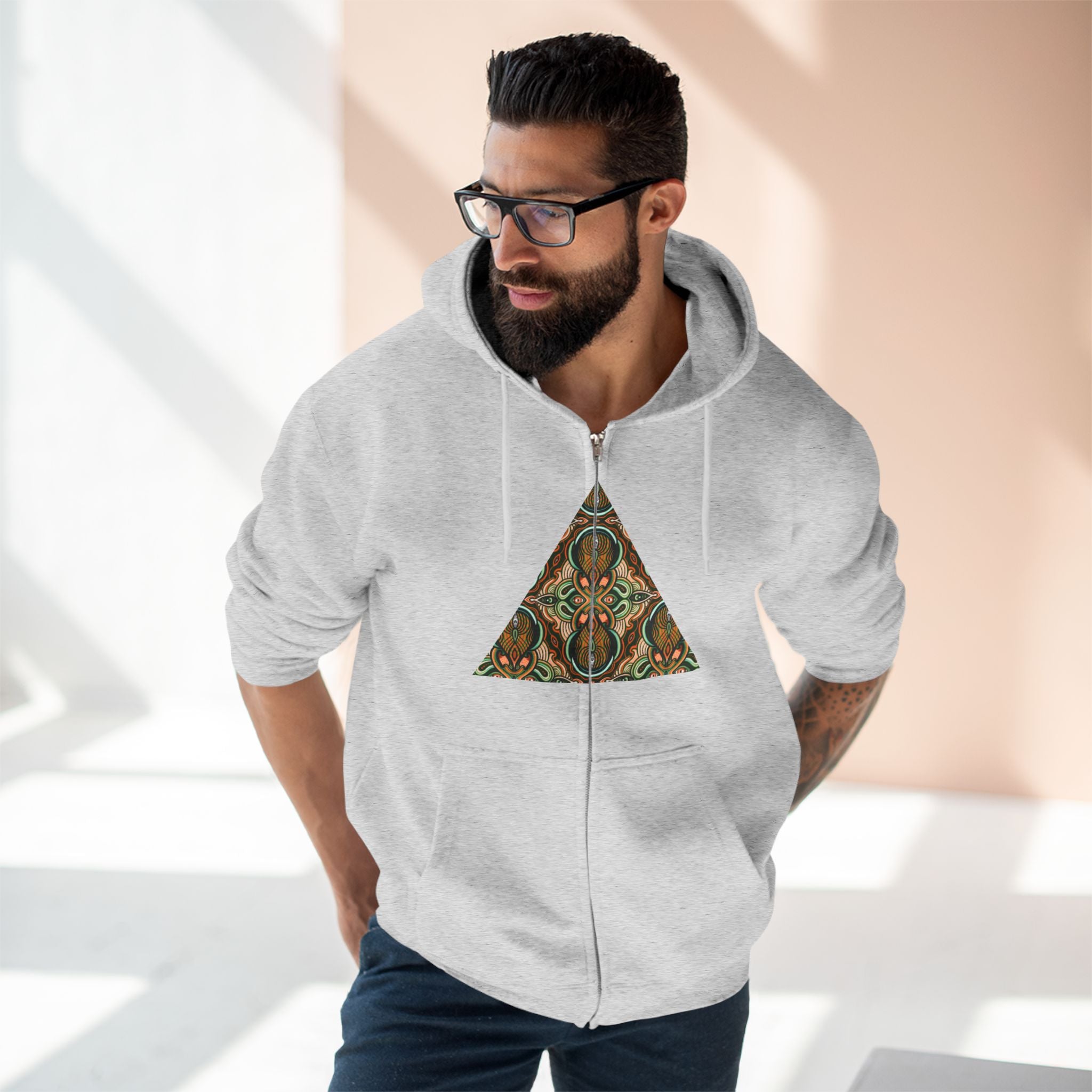 Geometric Tribal Pattern Zip Hoodie — Earthy Mandala Triangle & Circle Design #zh137