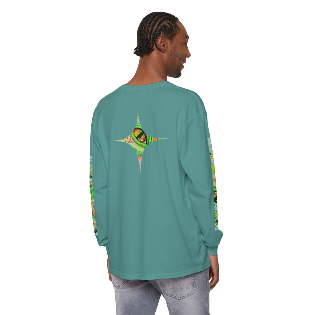Psychedelic Green Triangle Long Sleeve Tee — Tribal Star Sleeve Artwork #gf086357