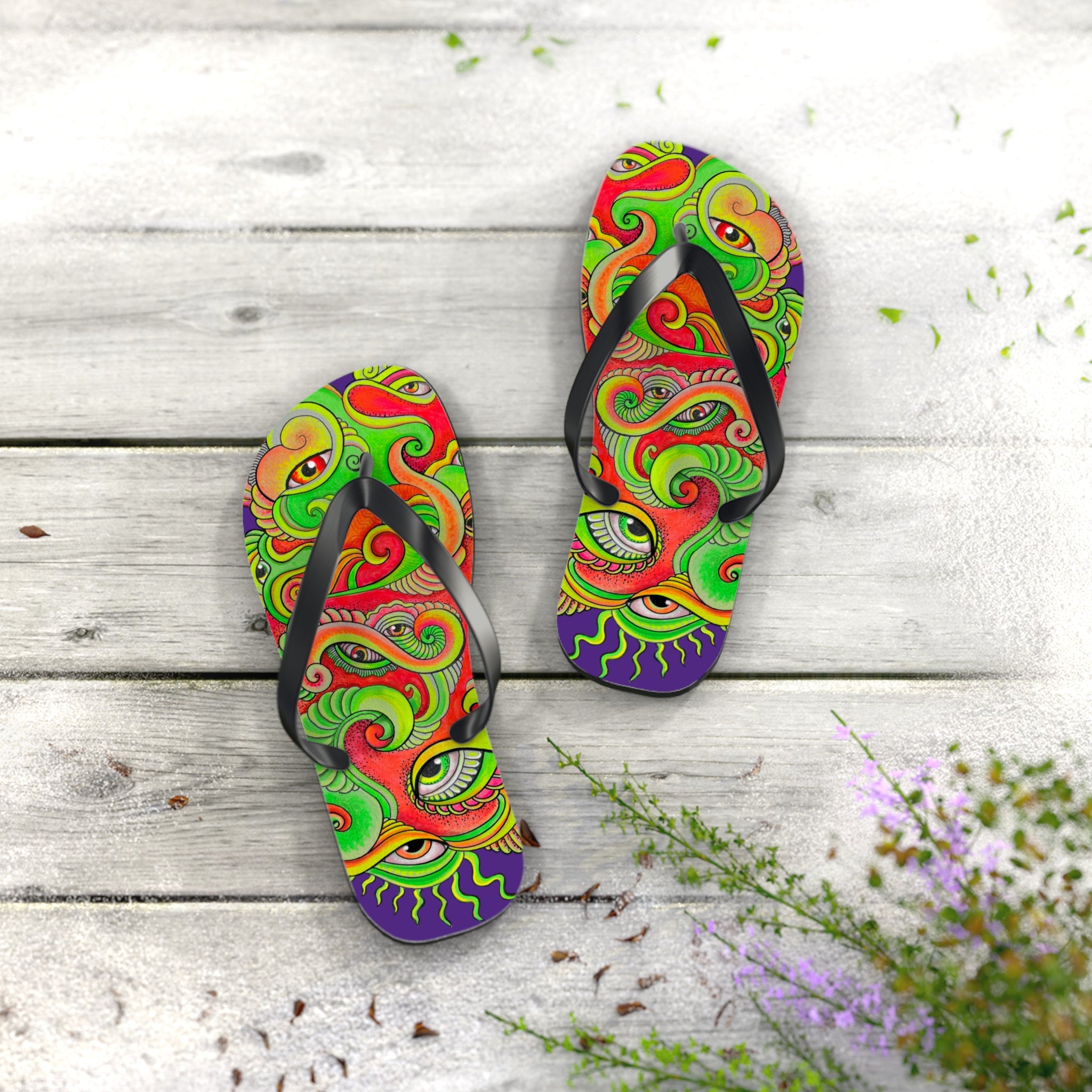 Psychedelic Eye Pattern Flip Flops — Colorful Trippy Summer Sandals #s873455211