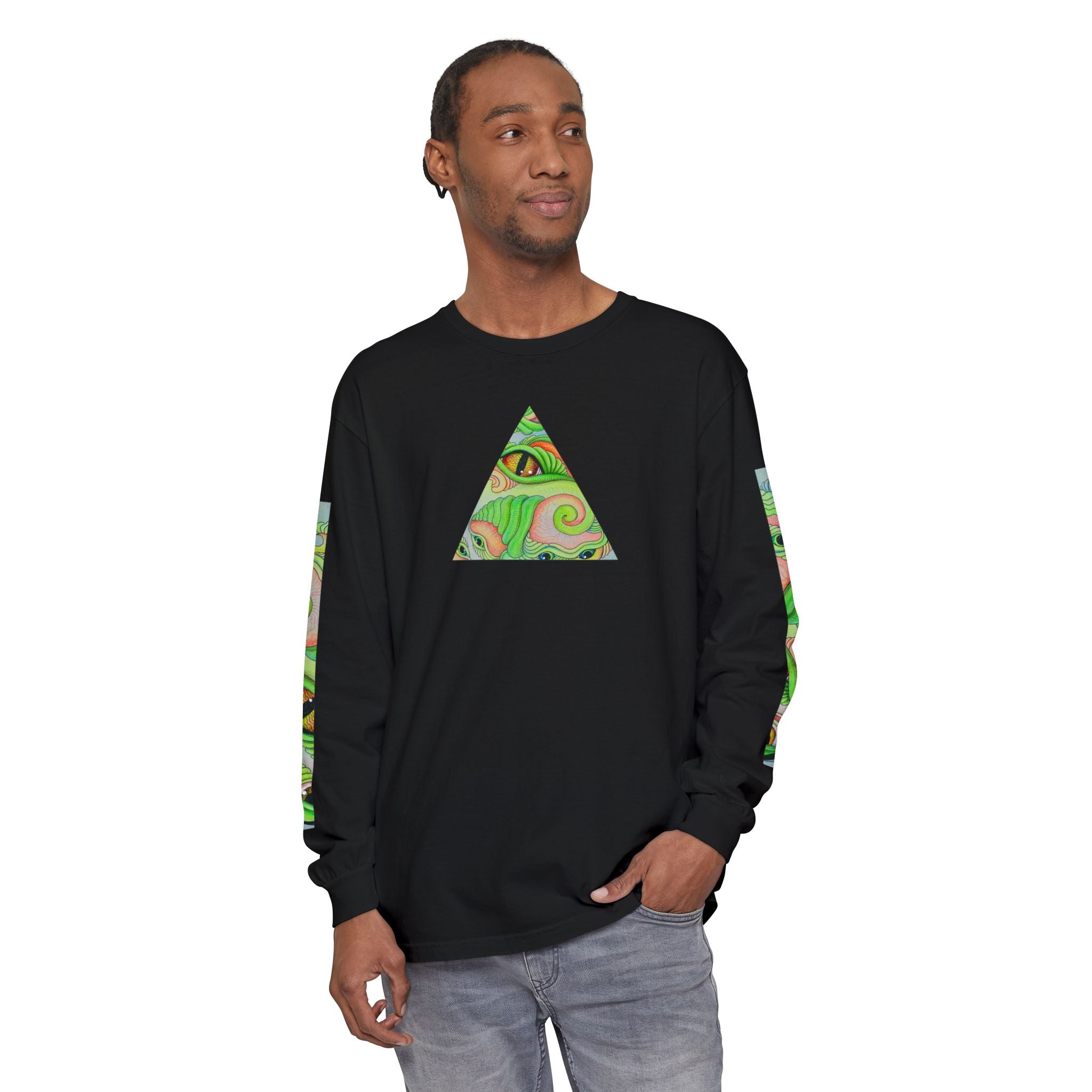 Psychedelic Green Triangle Long Sleeve Tee — Tribal Star Sleeve Artwork #gf086357