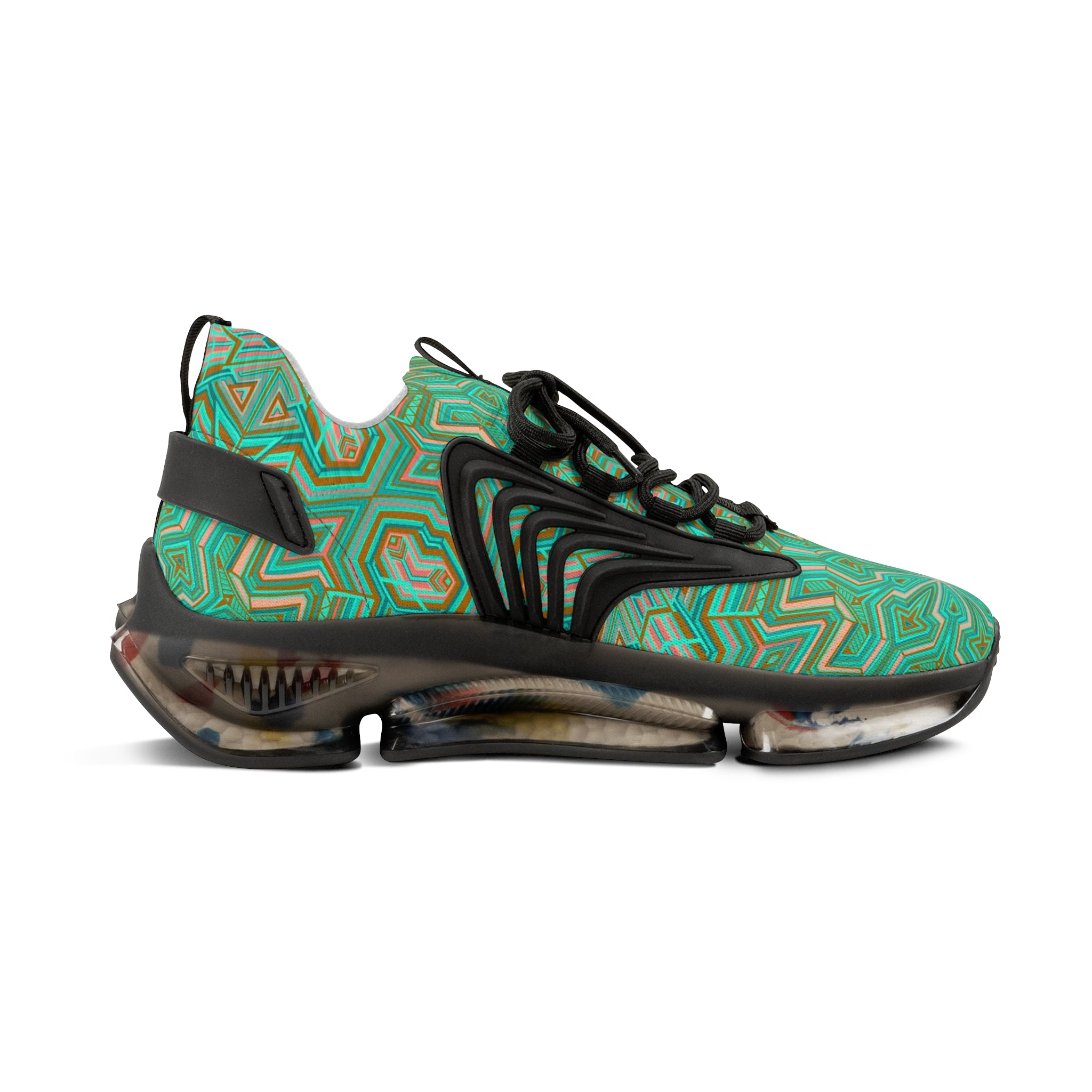 Green Geometric Mesh Sneakers — Men's Athletic Shoes with Kaleidoscope Pattern #khf87656