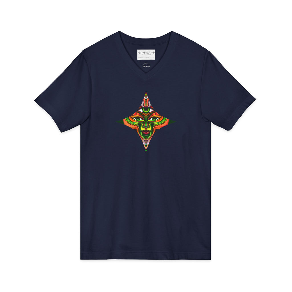 Tribal Mask Diamond Tee — Vibrant Ethnic Face Graphic V‑Neck T‑Shirt #hg 08656