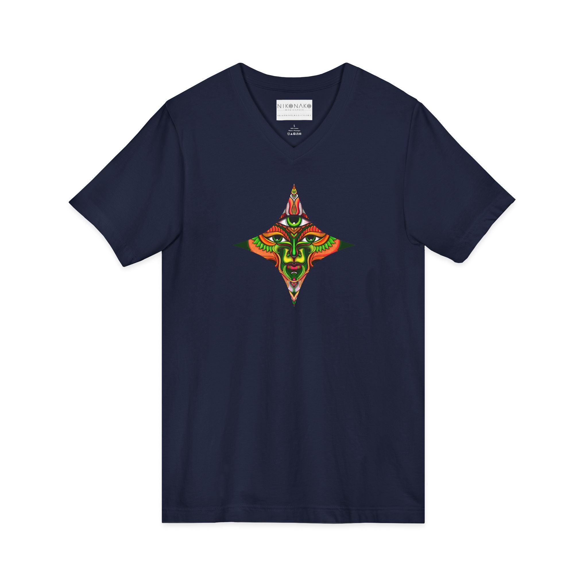 Tribal Mask Diamond Tee — Vibrant Ethnic Face Graphic V‑Neck T‑Shirt #hg 08656