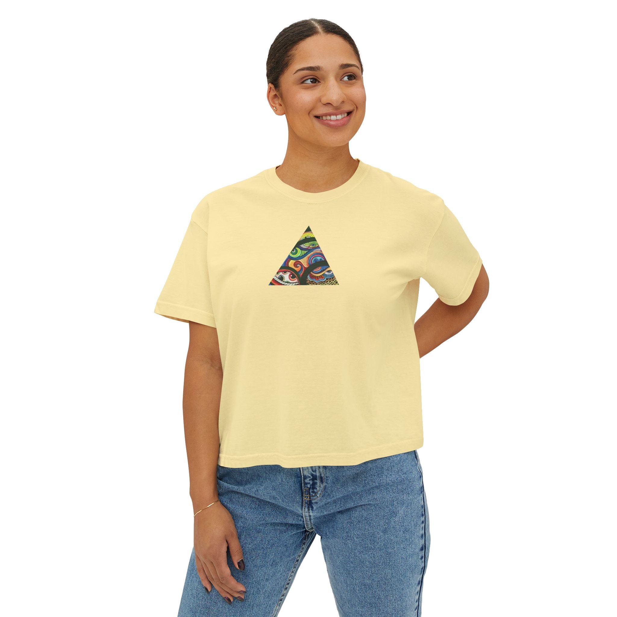 Women's Boxy Tee with Abstract Colorful Triangle (Front) & Heart (Back) Art — Casual Graphic Crop Top #hd9859