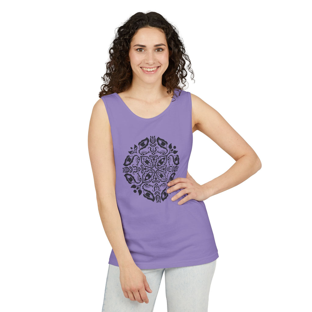 Boho Mandala Tank Top — Black Floral Circular Graphic Tank #fr3