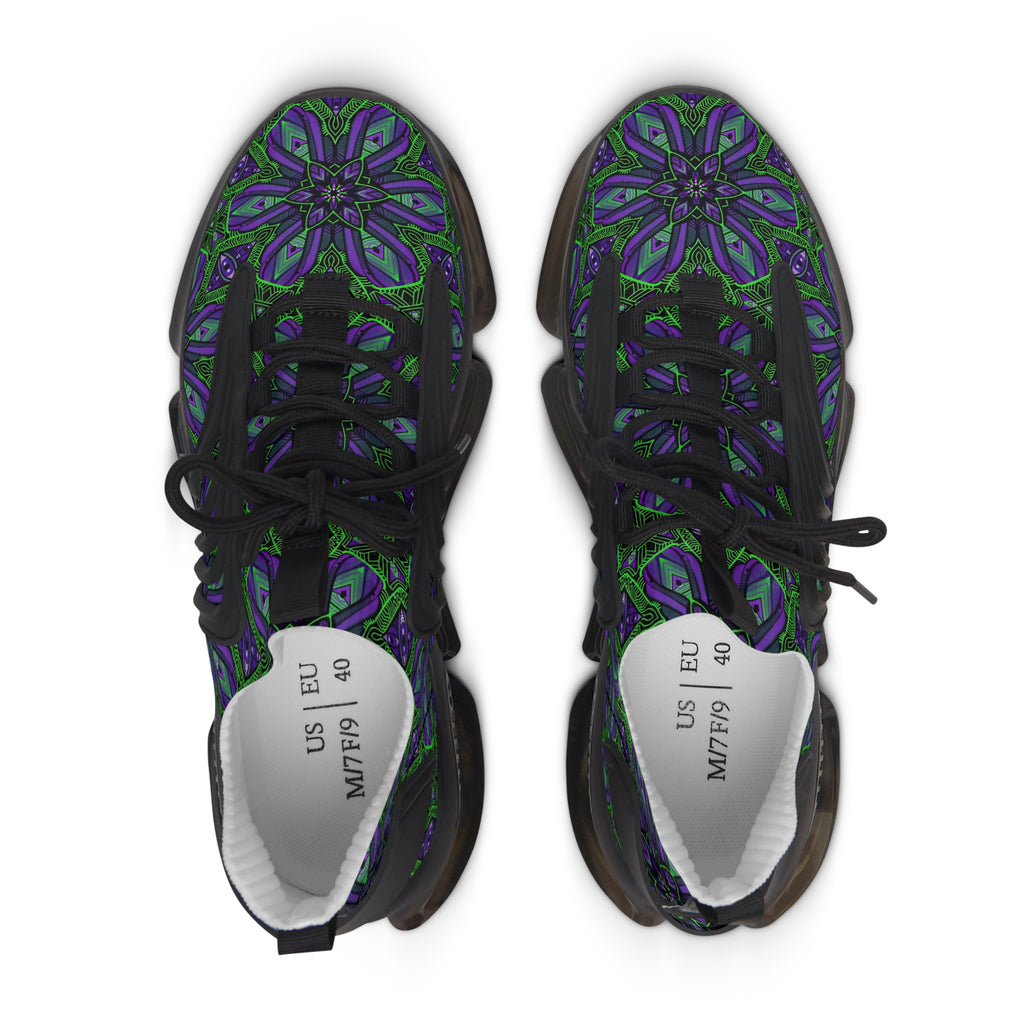 Women's Mesh Sneakers — Purple Green Kaleidoscope Floral Pattern. #it97007