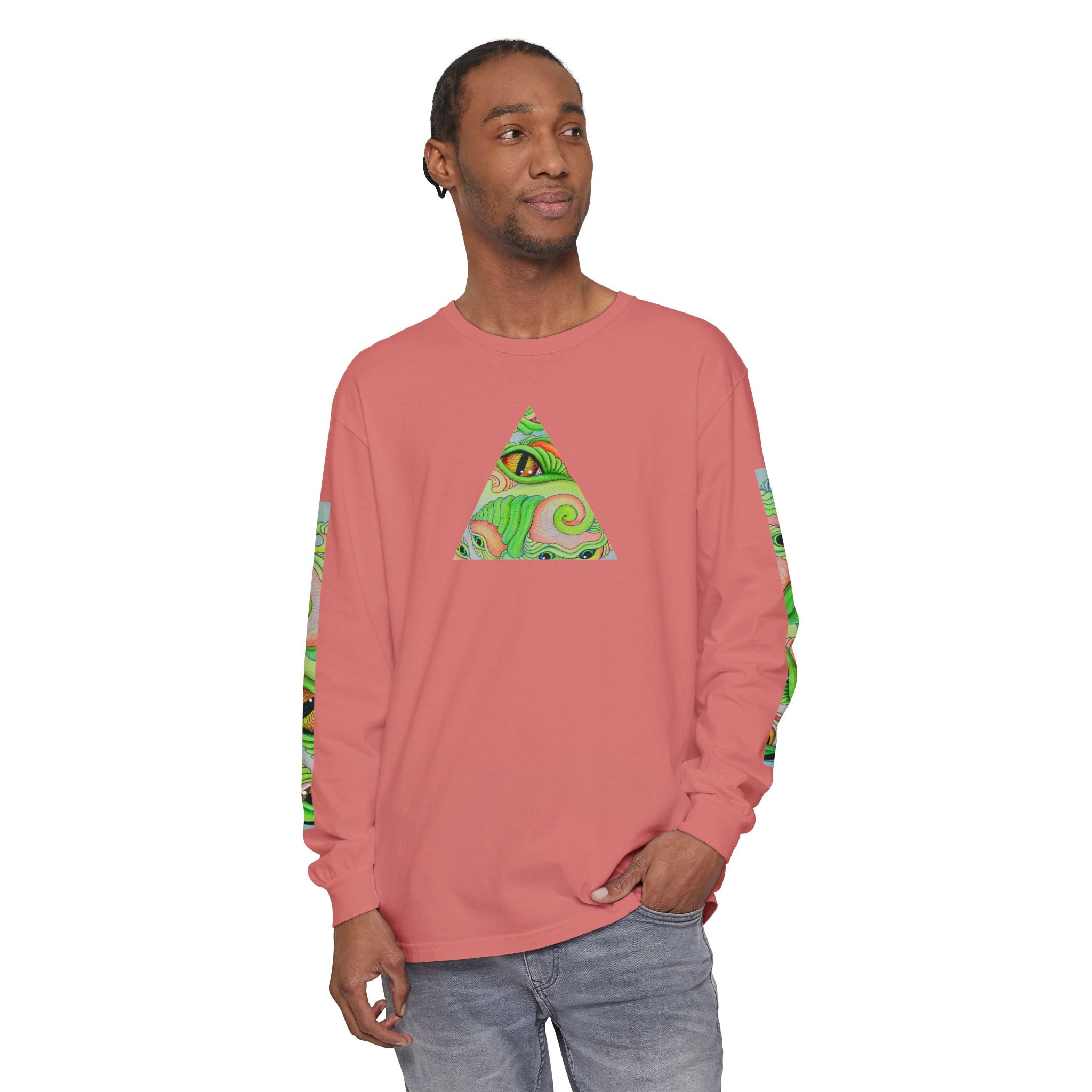 Psychedelic Green Triangle Long Sleeve Tee — Tribal Star Sleeve Artwork #gf086357