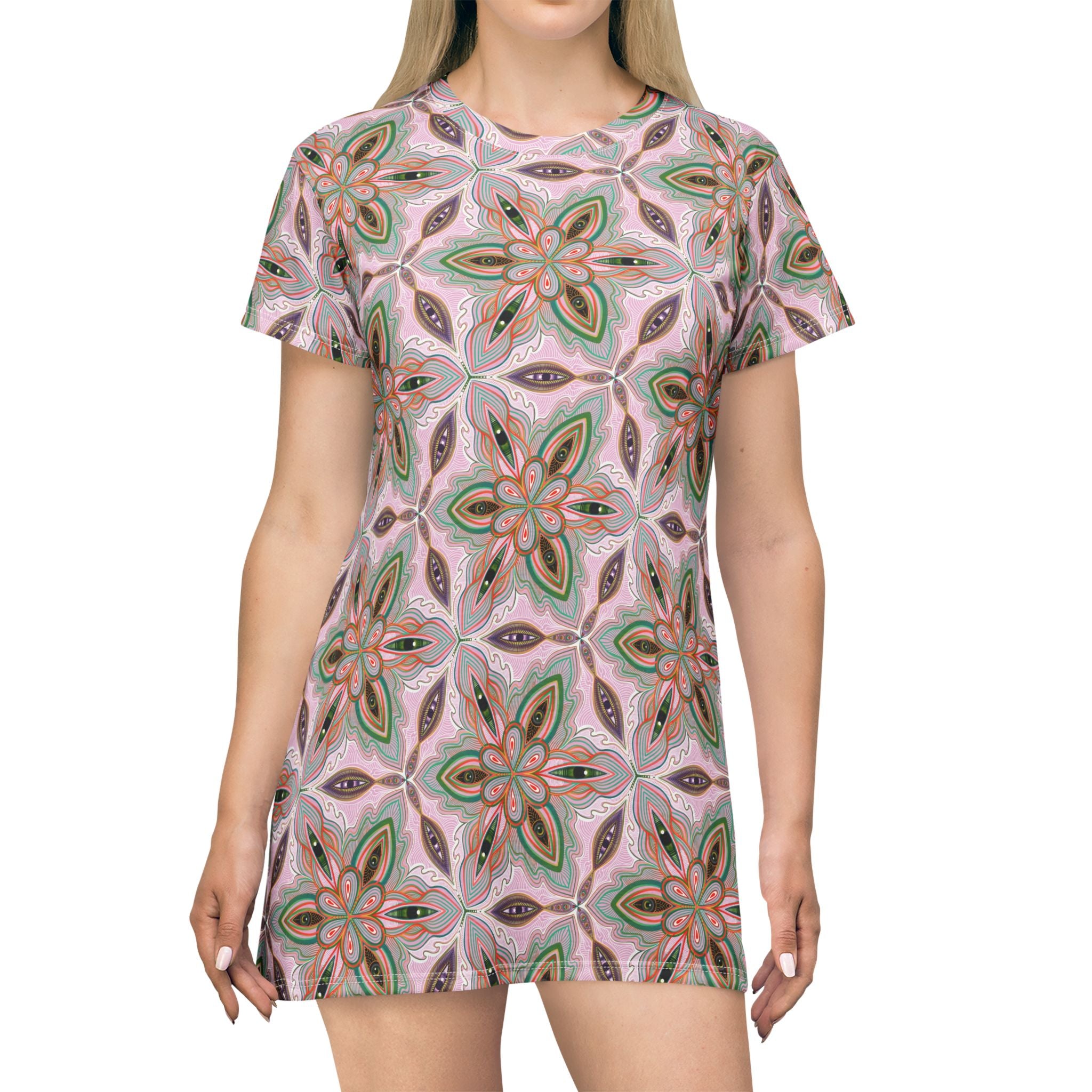 Floral Kaleidoscope T-Shirt Dress — Pink Boho All-Over Print #sd14564
