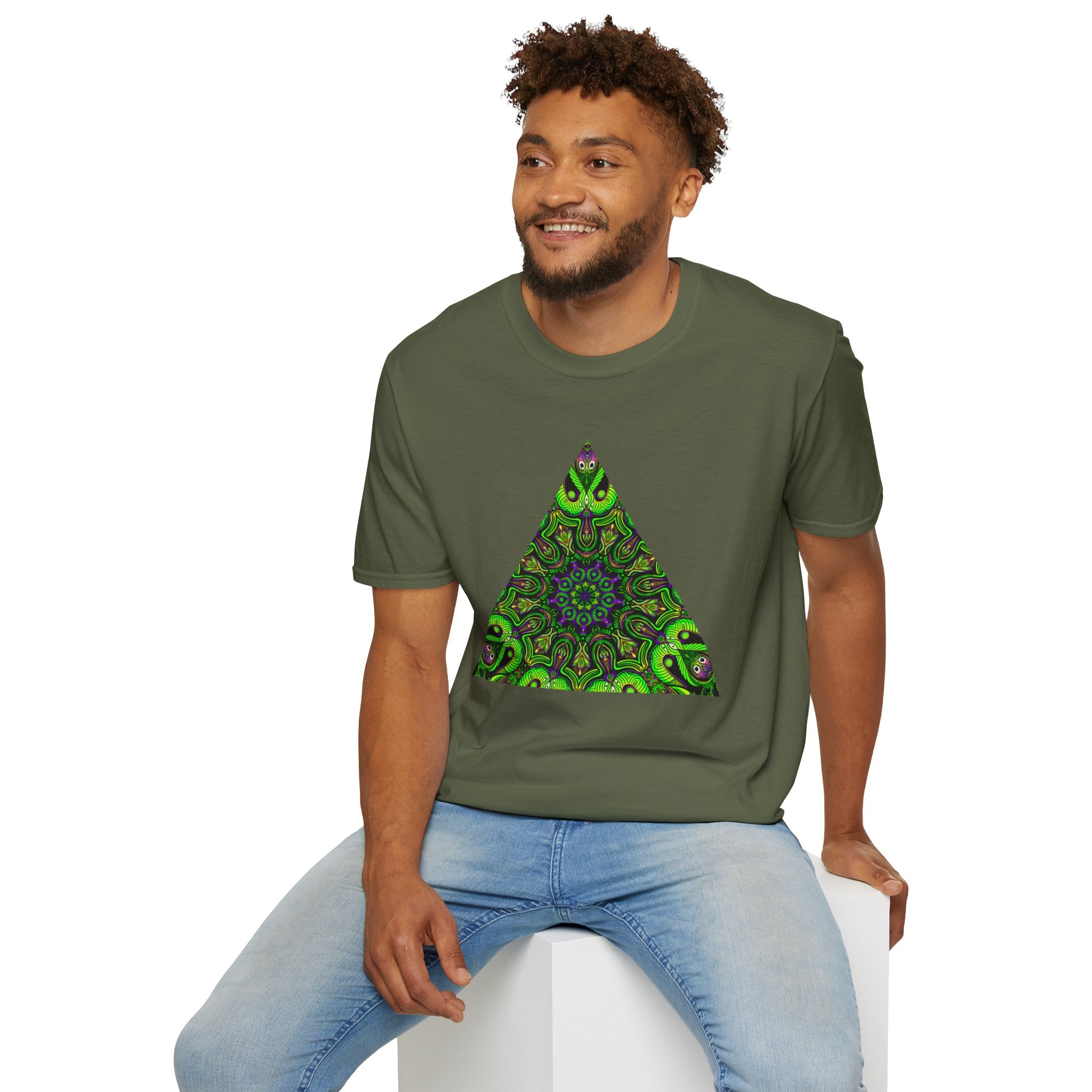 Green Mandala Triangle T-Shirt – Psychedelic Geometric Art Tee # kh9732