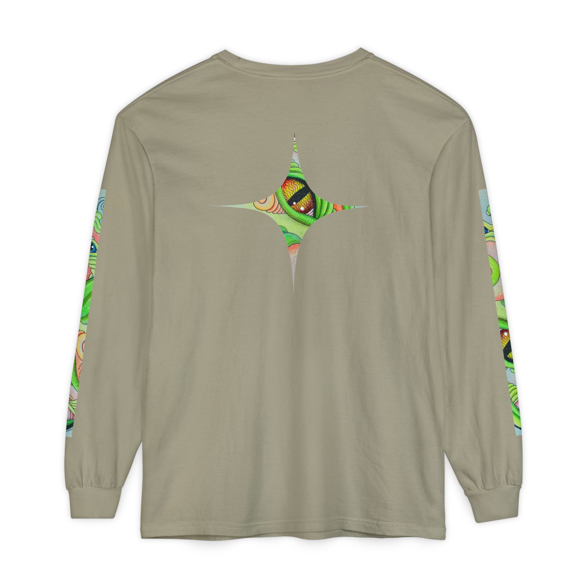 Psychedelic Green Triangle Long Sleeve Tee — Tribal Star Sleeve Artwork #gf086357